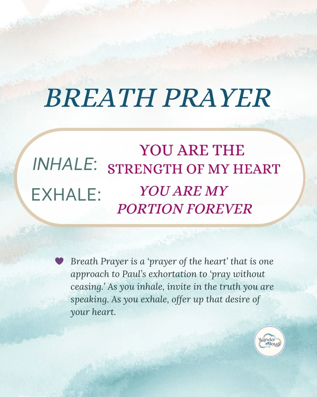 🌿 From Psalm 73:26

Inhale: You are the strength of my heart 
Exhale: You are my portion forever

Jesus, thank you for being the strength of our heart and our portion forever. 

#wonderaloud #breathprayer #yahweh #strength #heart