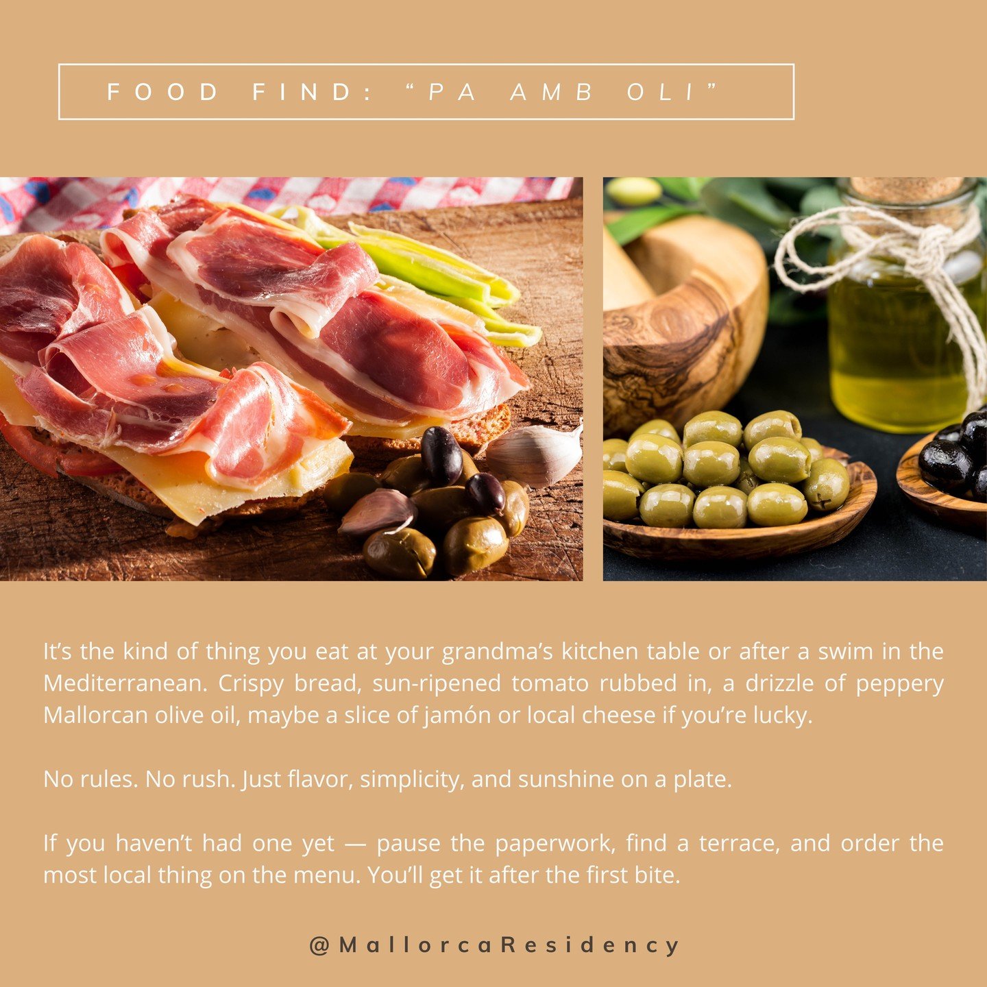 Sunshine on a plate? Yes, please. ☀️🥖

Whether you're fresh out of the sea or fresh off a paperwork marathon, nothing beats the crispy, juicy, olive-oil-drizzled magic of Pa amb Oli. Add jam&oacute;n, cheese, olives&hellip; or just vibes. 💃

No rus