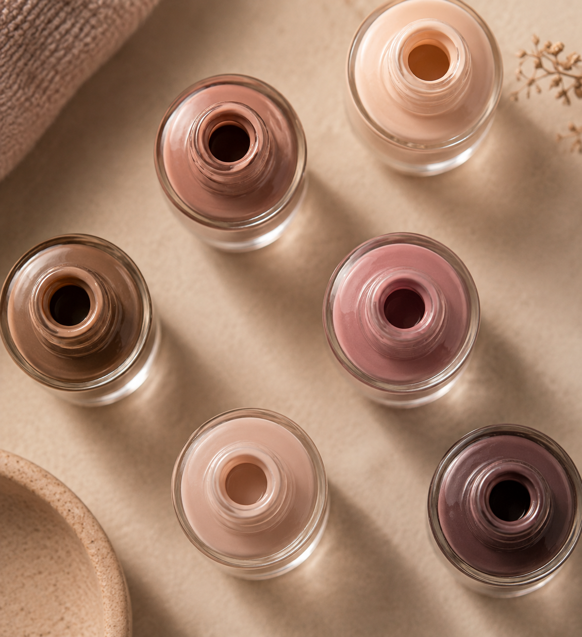 Neutral nail polish bottles arranged for manicure services at Pure Bliss Massage & Day Spa.