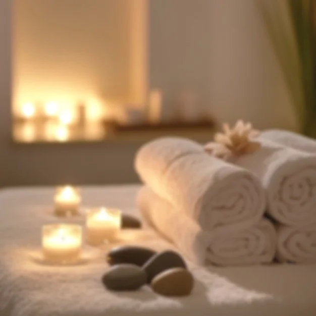 Spa setting with rolled white towels, lit candles, and smooth stones in a relaxing ambiance.