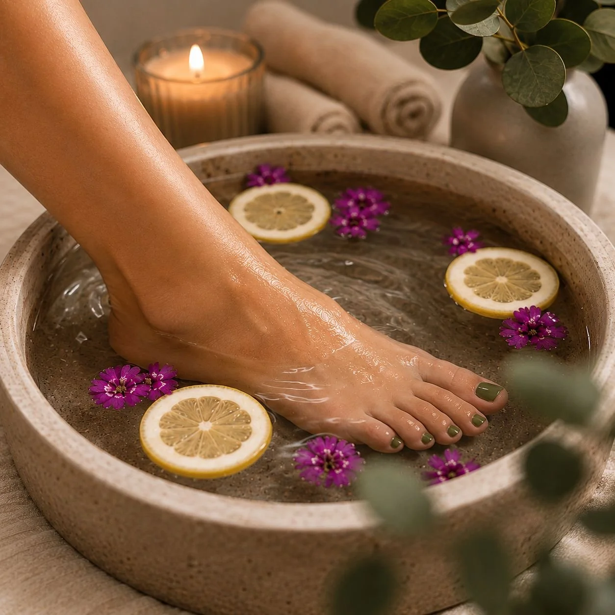 Pedicure image
Relaxing spa pedicure with a foot soak, flowers, lemon slices and candles at Pure Bliss.