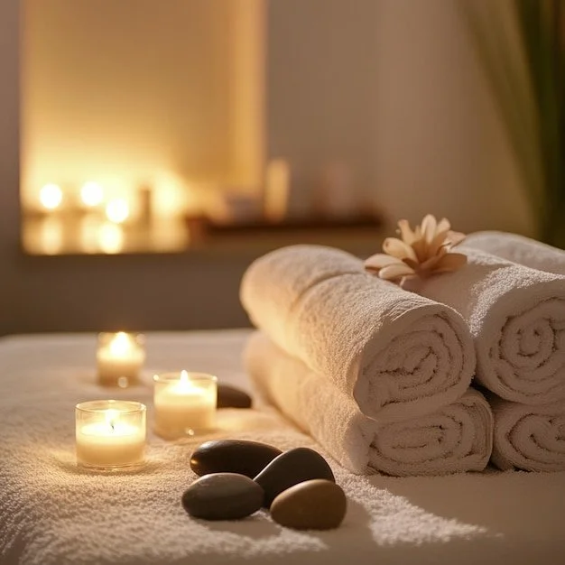 Spa towels image
Rolled spa towels, candles and massage stones creating a relaxing spa setting at Pure Bliss in Sundre, Alberta.