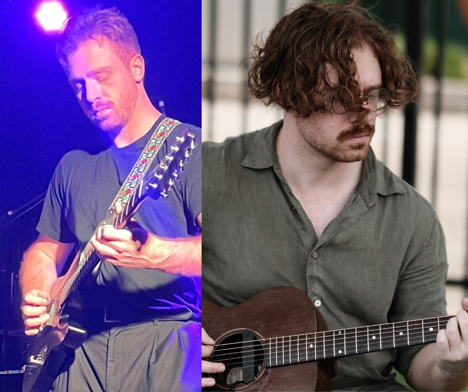 Side-by-side split image of two men playing guitars, one on the left in a dark t-shirt with purple lighting, and one on the right in a gray shirt with outdoor background.