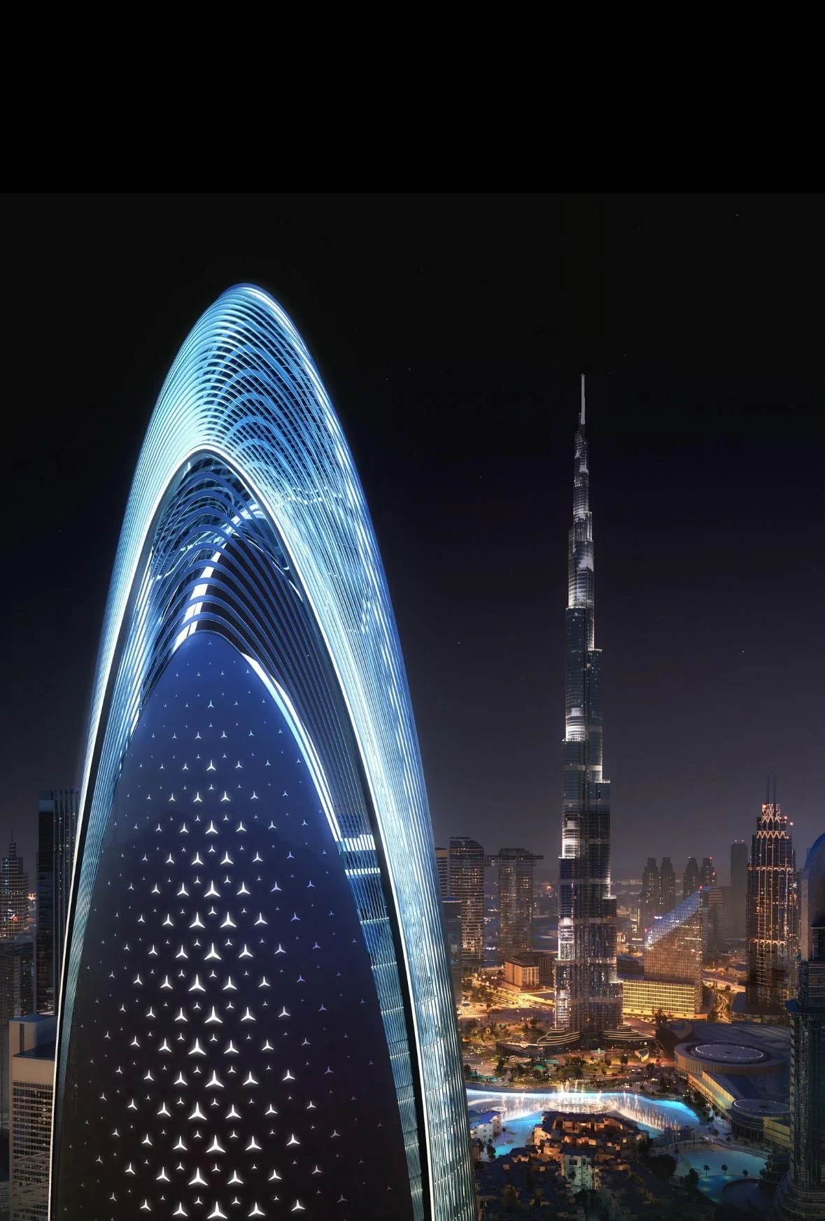 Modern high-rise building with a curved facade, featuring balconies and large windows, surrounded by landscaped greenery and a classic convertible car in the driveway.