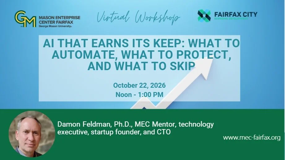 A promotional flyer for a workshop titled 'The Start-up Manual: Cyber and Insider Risk' with logos from Mason Enterprise Center and Fairfax City. The flyer provides details about the event date, time, and location, and features photos and names of two speakers: Mark Bacharach and Holden Triplett.