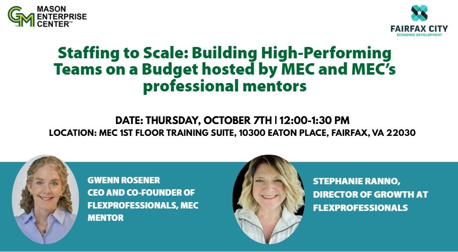 A promotional flyer for a workshop titled 'The Start-up Manual: Cyber and Insider Risk' with logos from Mason Enterprise Center and Fairfax City. The flyer provides details about the event date, time, and location, and features photos and names of two speakers: Mark Bacharach and Holden Triplett.