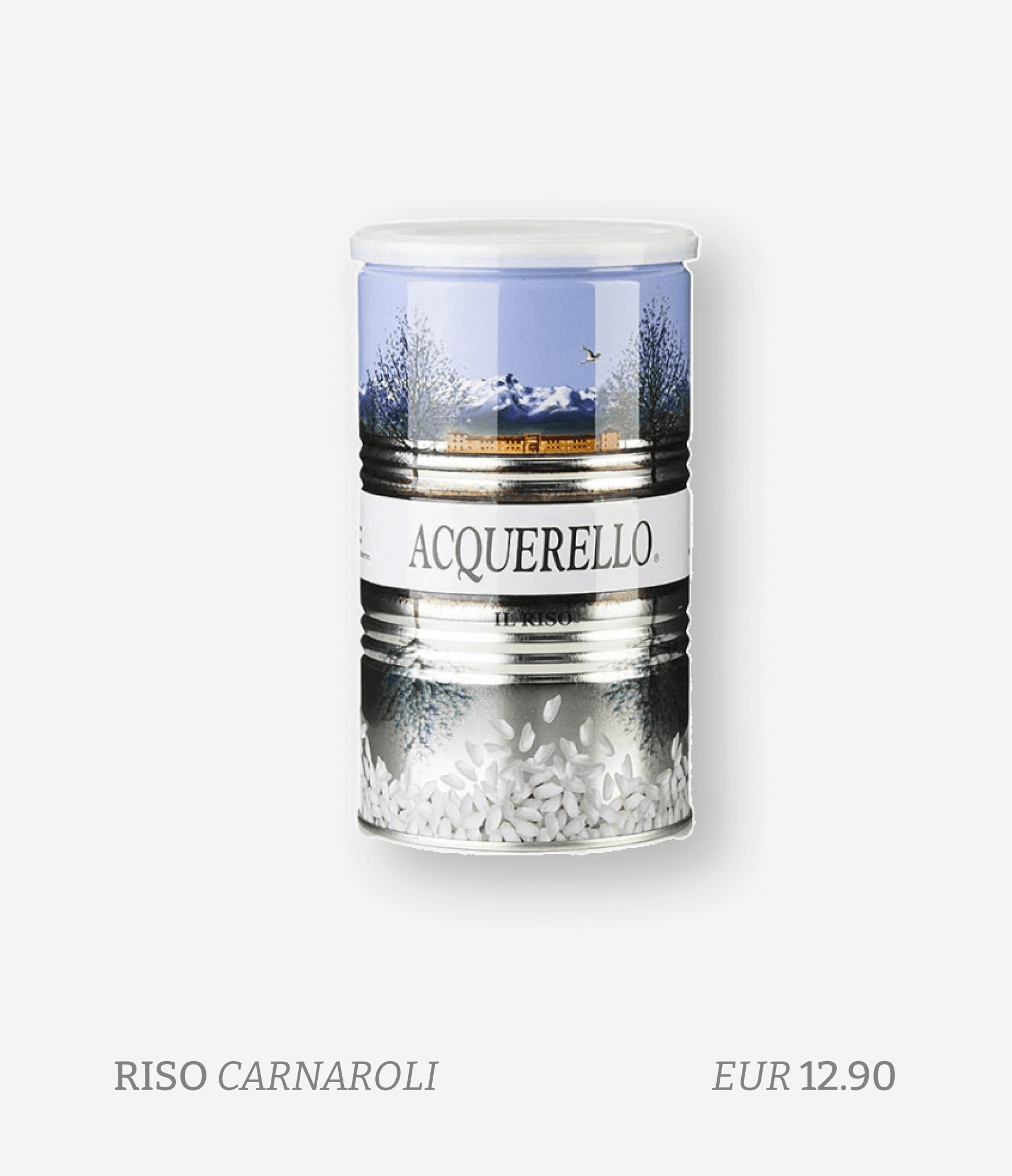 A can of Acquerello Riso Carnaroli rice with a mountain and winter scene on the label, and a price of EUR 12.90.