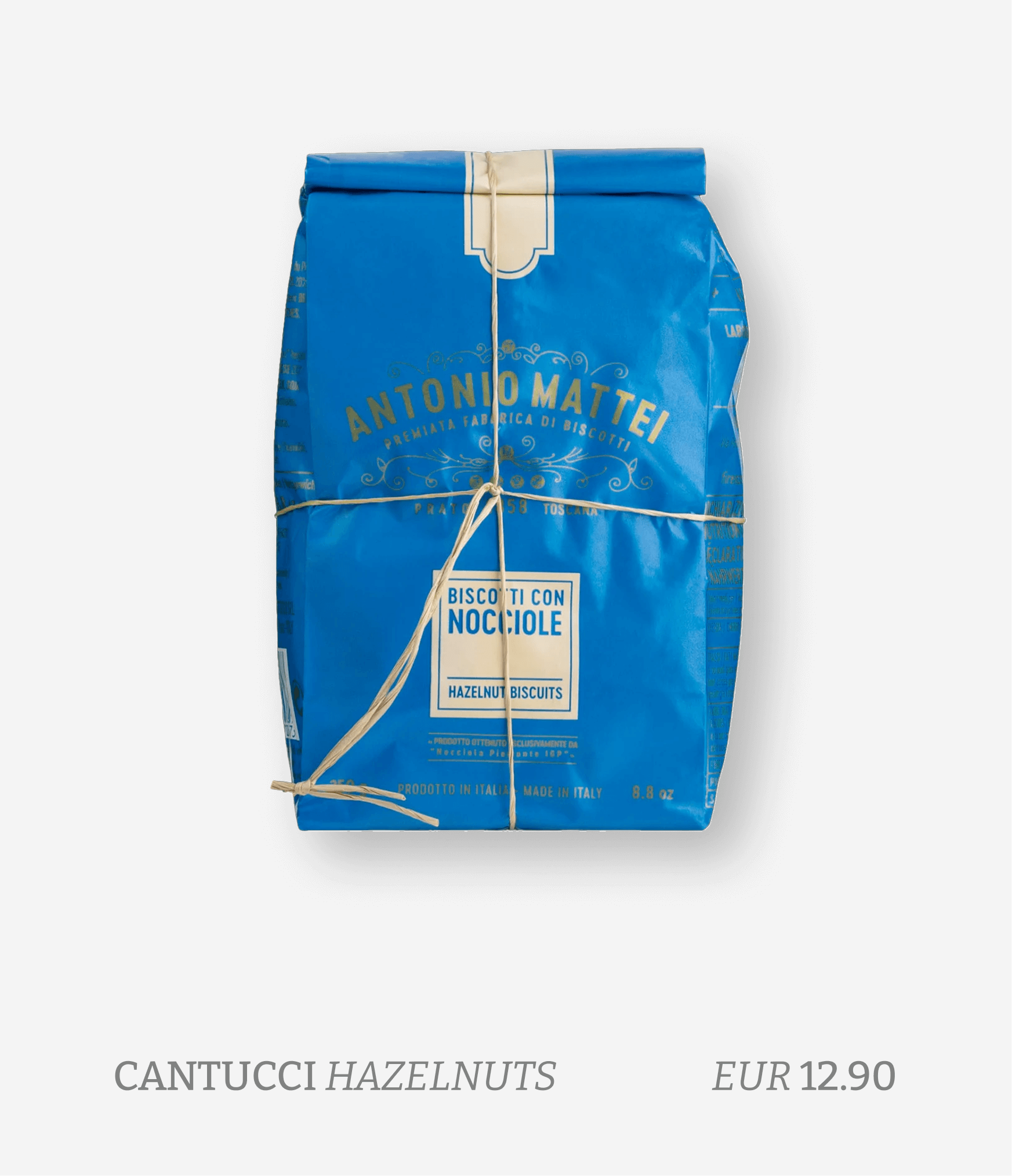 A package of Antonio Mattei hazelnut biscuits in blue packaging with white and gold text.