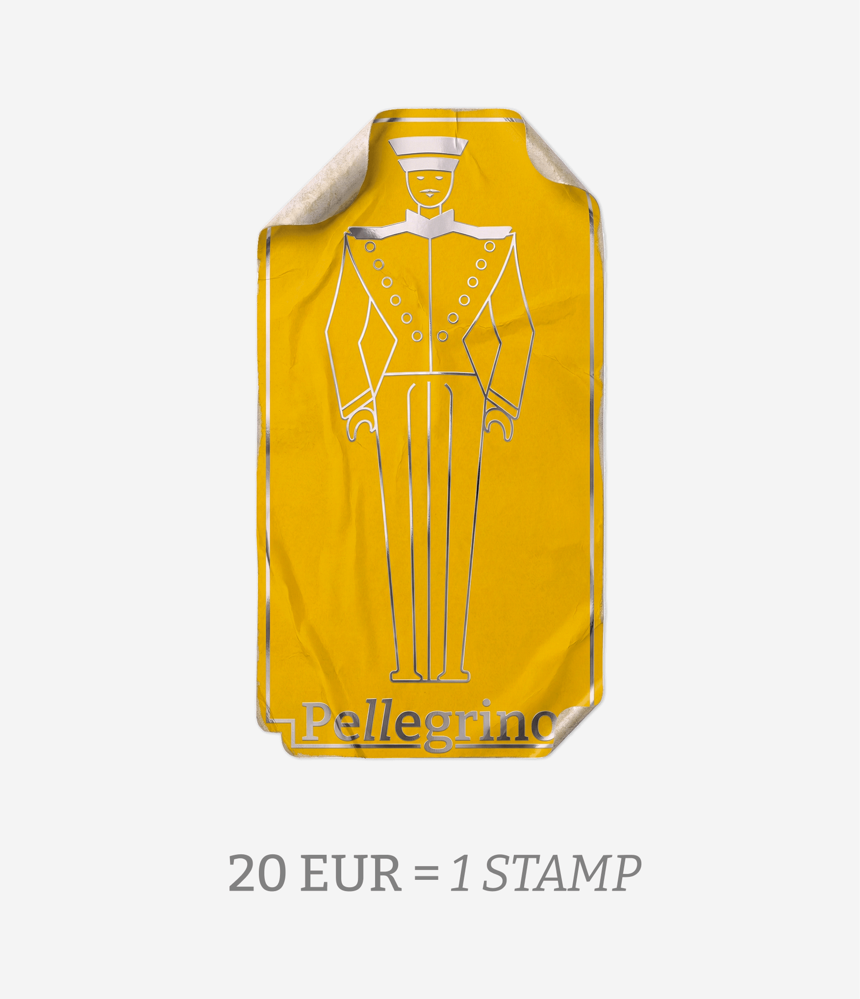 Yellow stamp featuring a line drawing of a man in a uniform, with the text 'Pellegrino' at the bottom. Text below indicates '20 EUR = 1 STAMP'.