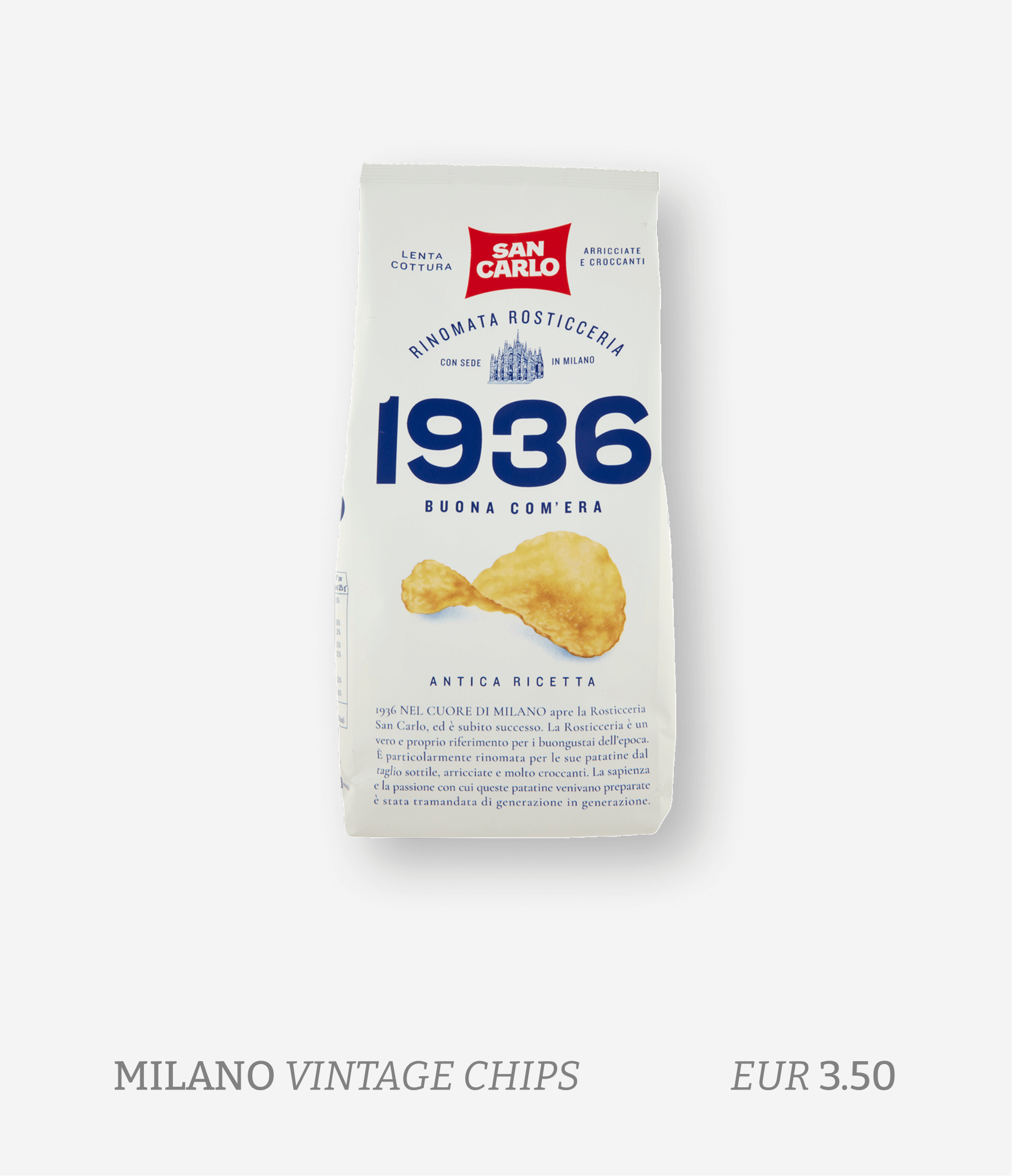 A bag of Milano vintage chips with a white background, displaying a picture of a potato chip and text highlighting its vintage recipe from 1936.