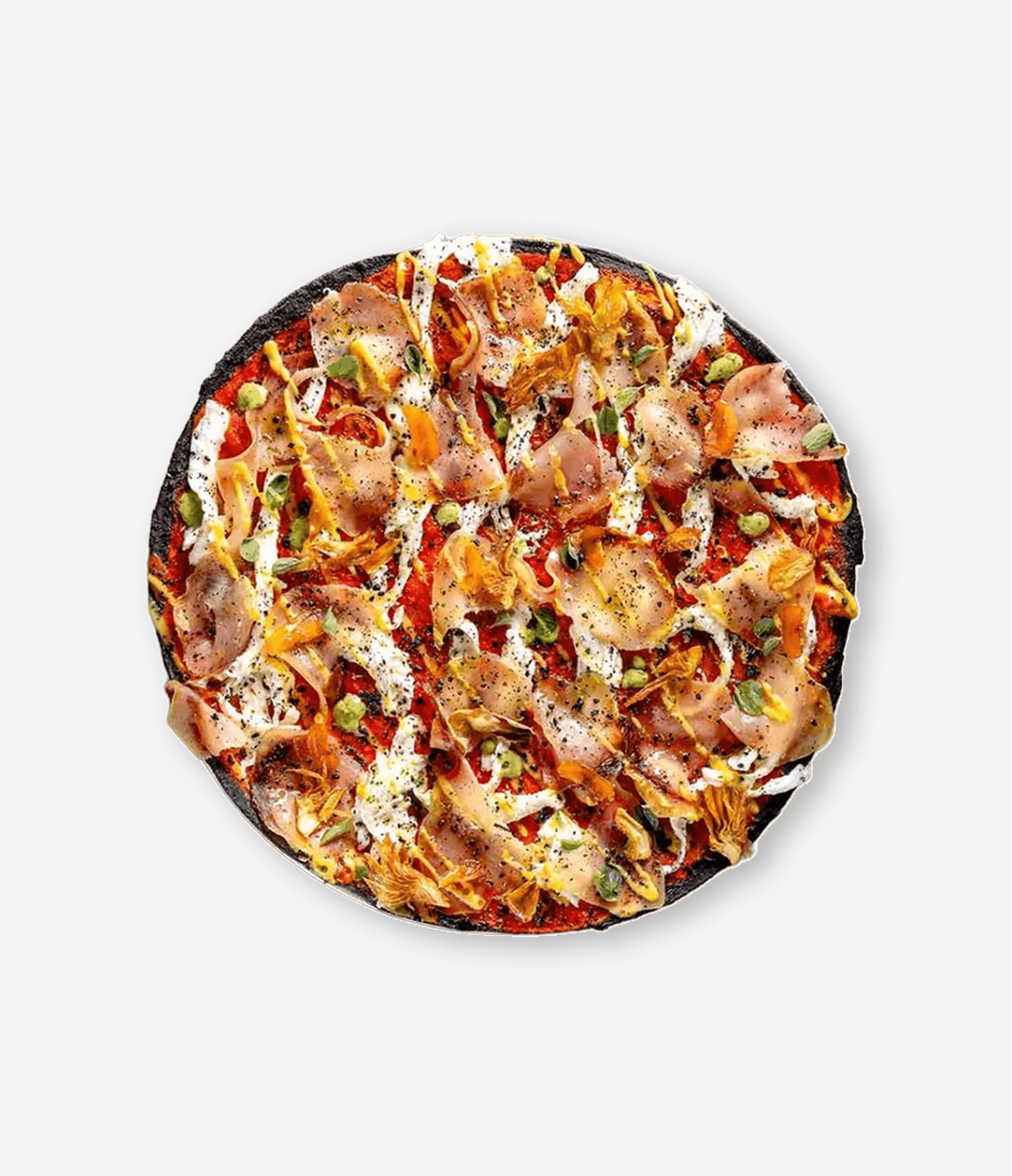 Top view of a gourmet pizza with chicken, vegetables, cheese, and herbs on a dark crust, placed on a white background.