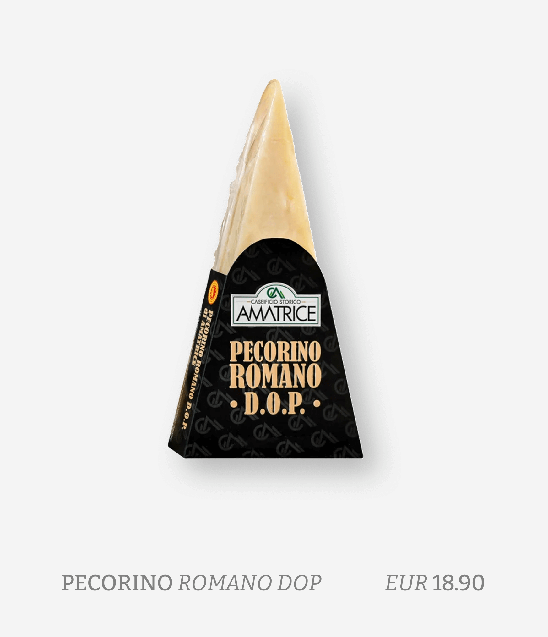 A wedge of Pecorino Romano cheese with black label showing the brand 'Amatrice', and text 'Pecorino Romano D.O.P.', with the price EUR 18.90.