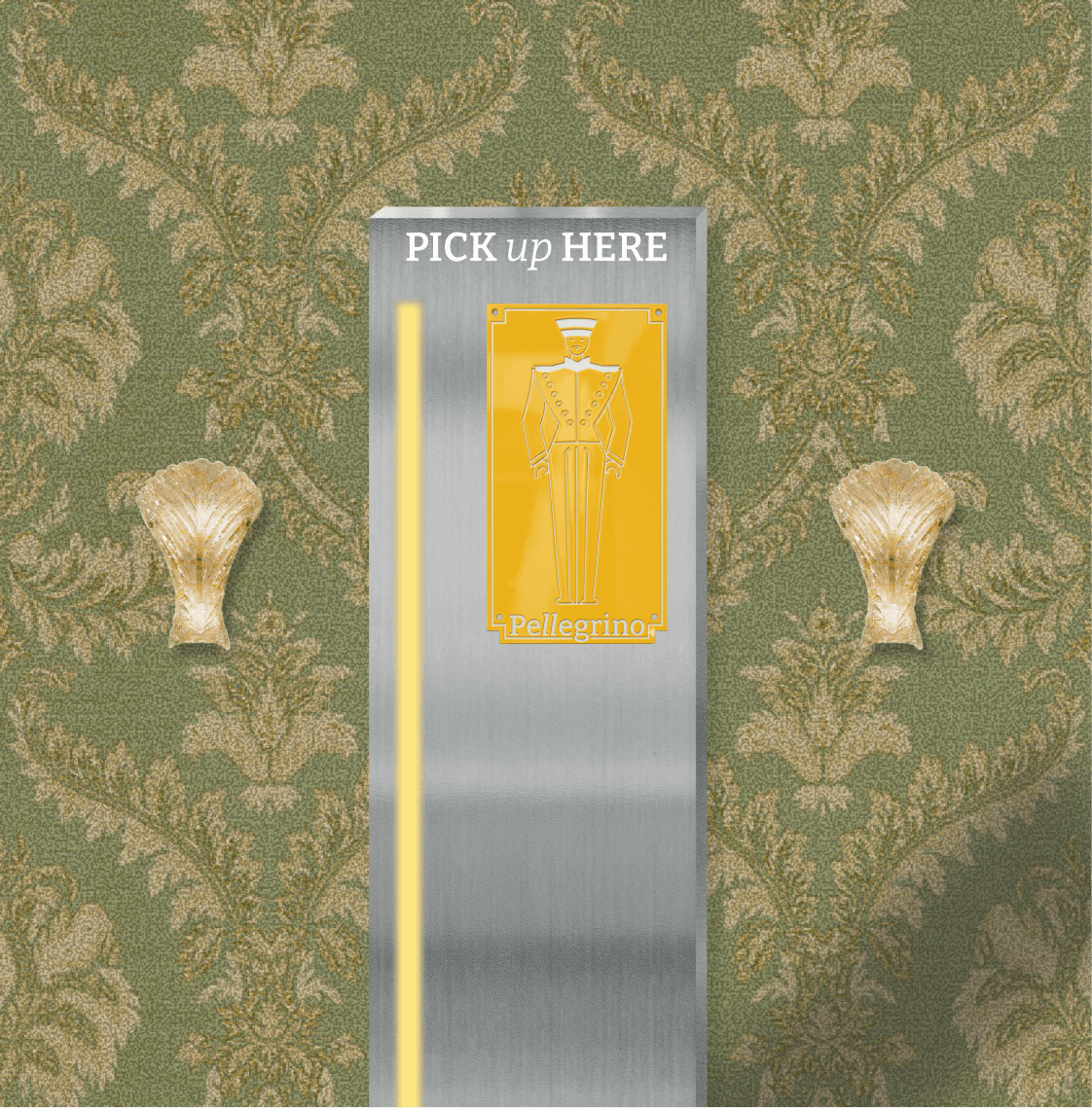 A voting or ballot pickup station with a gray metal stand, a yellow sign with the text 'PICK UP HERE' at the top, and an illustration of a person in a uniform with the word 'Pellegrino' at the bottom. The background features green wallpaper with a gold floral pattern and two shell-shaped wall sconces.