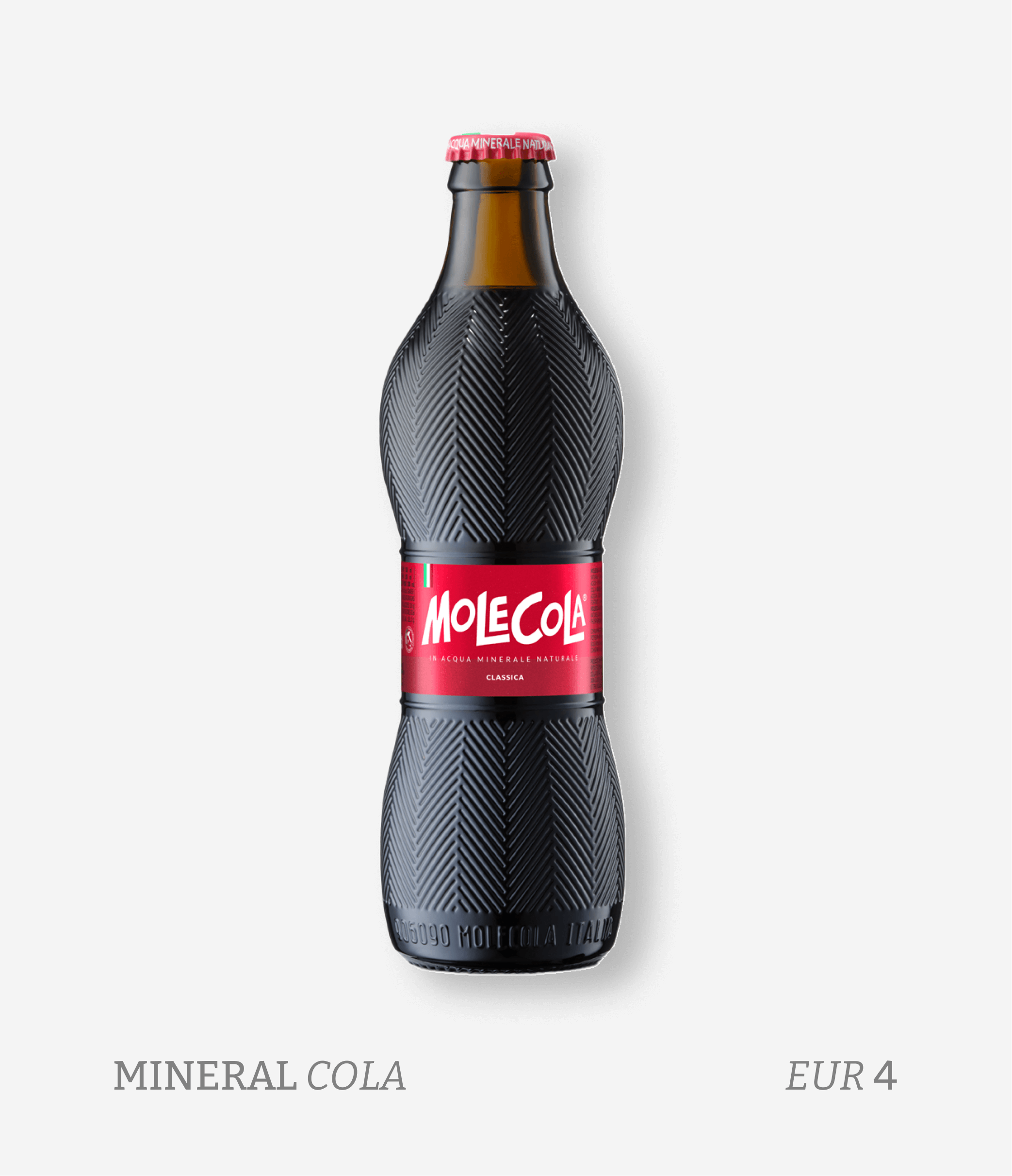 A black bottle of MoleCola mineral cola soda with red label and cap, featuring a textured design, on a white background. Text below indicates mineral cola priced at 4 euros.