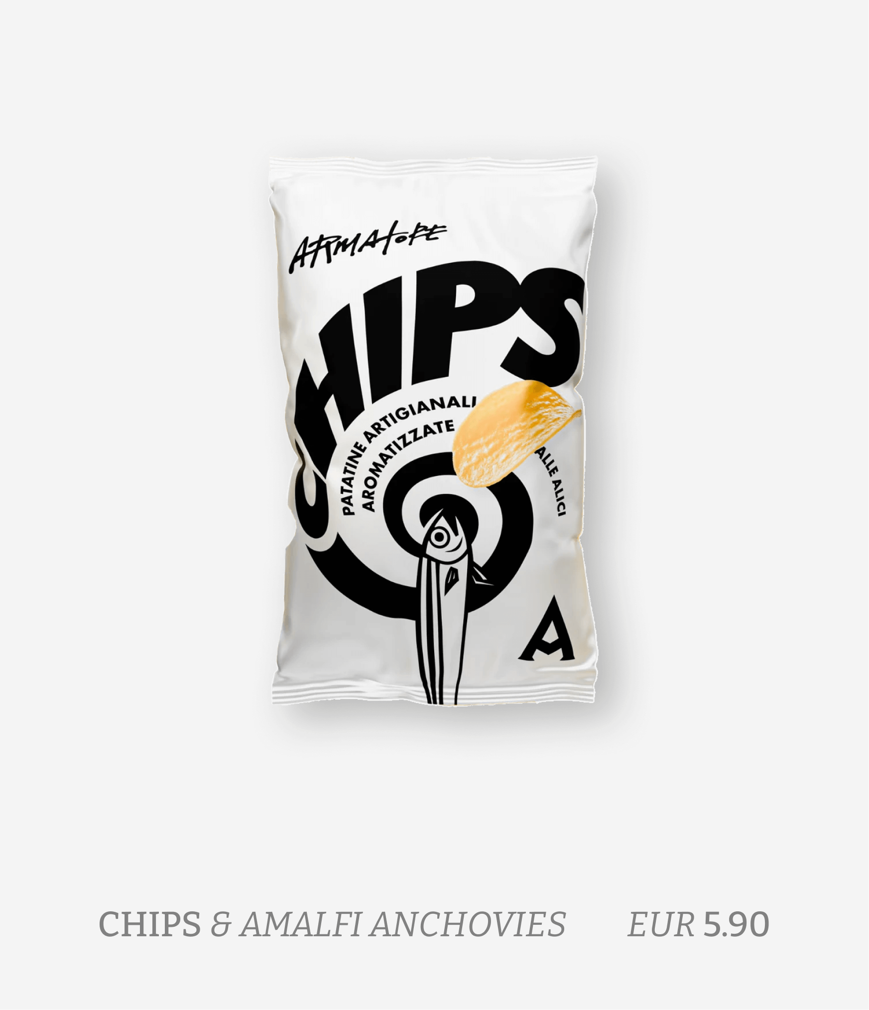 A white bag of chips labeled "Chips" with a black spiral design and an illustration of a fish. The label includes Italian text and a yellow chip graphic.