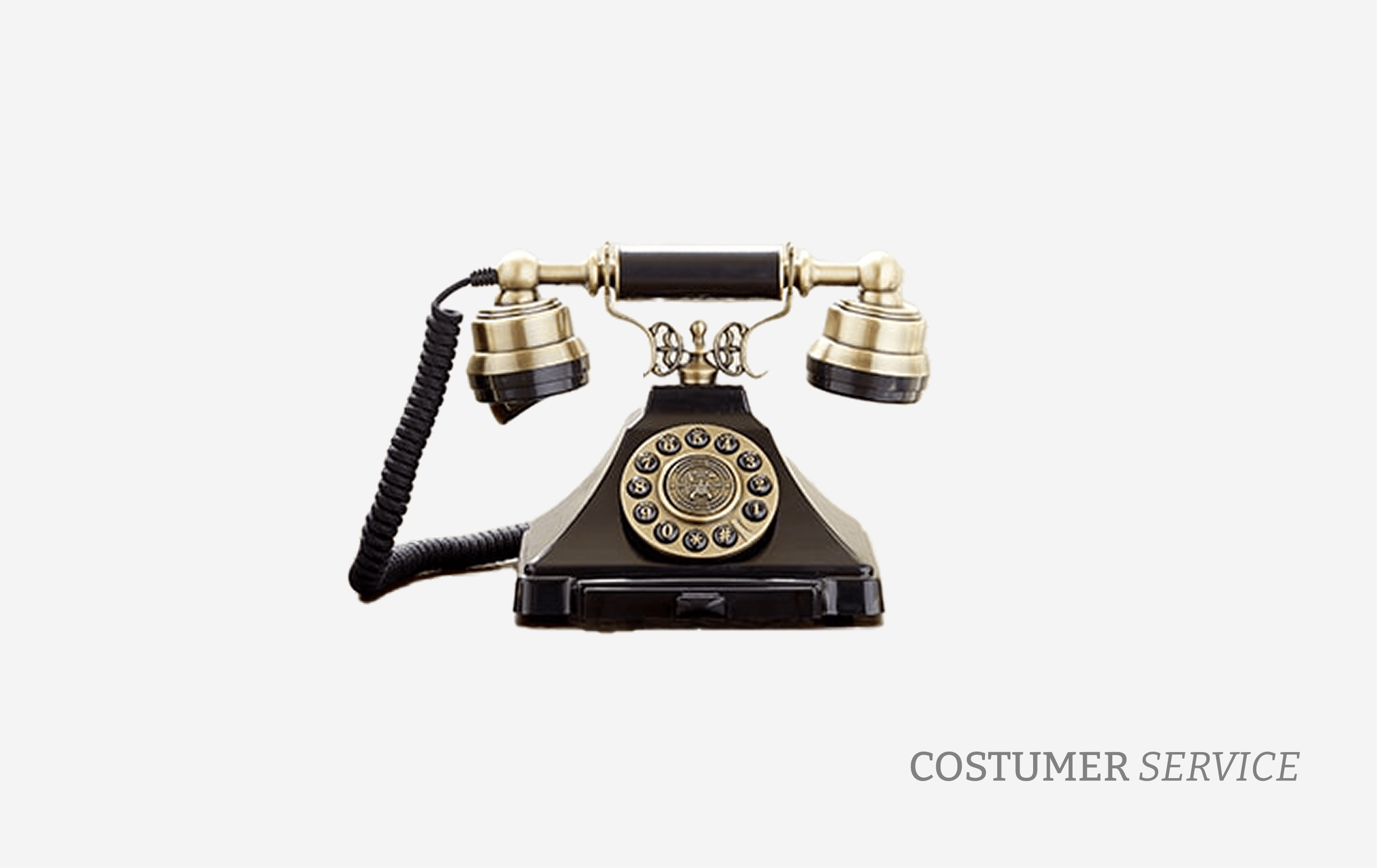 Vintage black and gold rotary telephone against a white background with the words 'Customer Service' written at the bottom right.