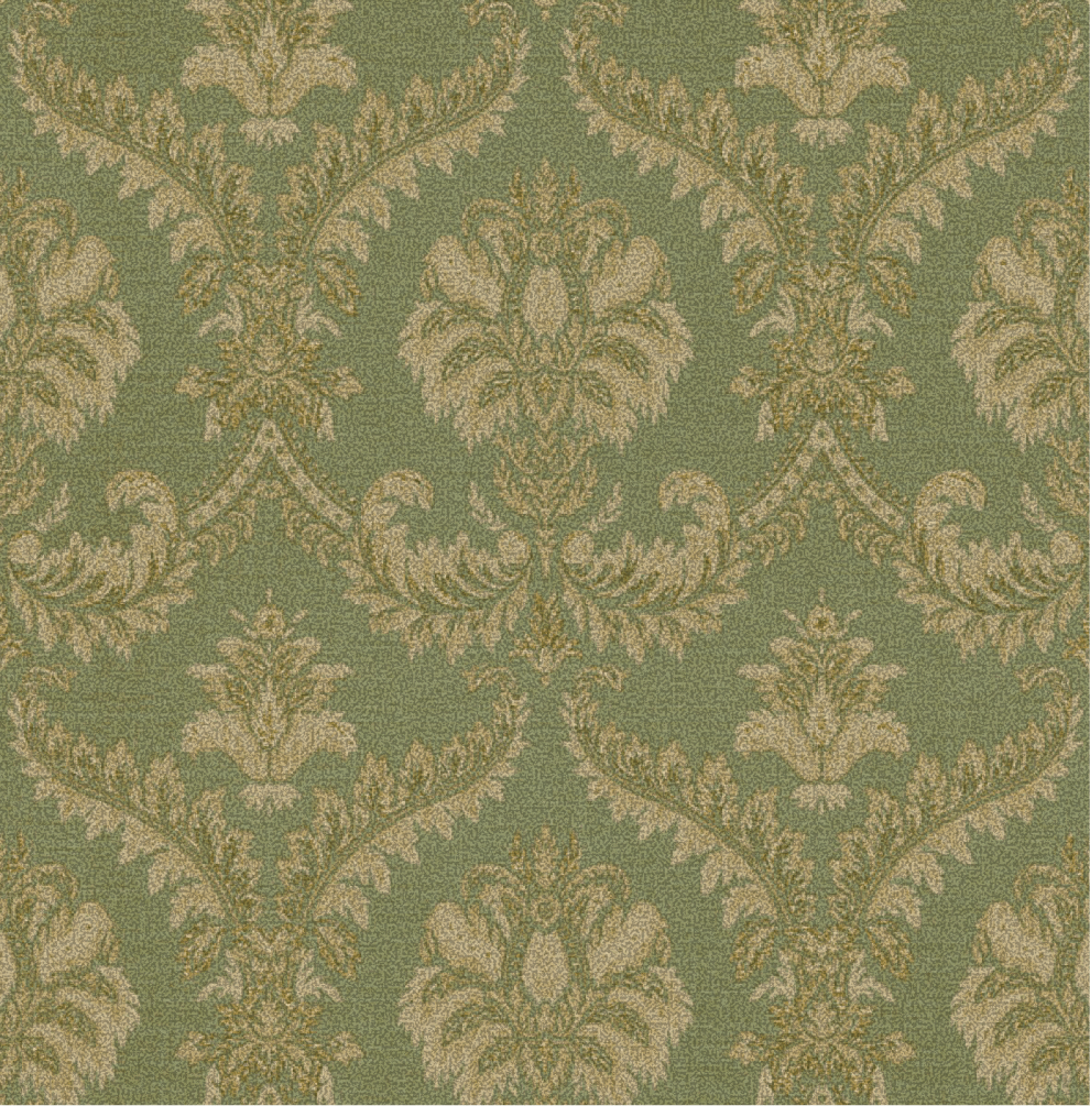 A green fabric with an intricate gold damask pattern.