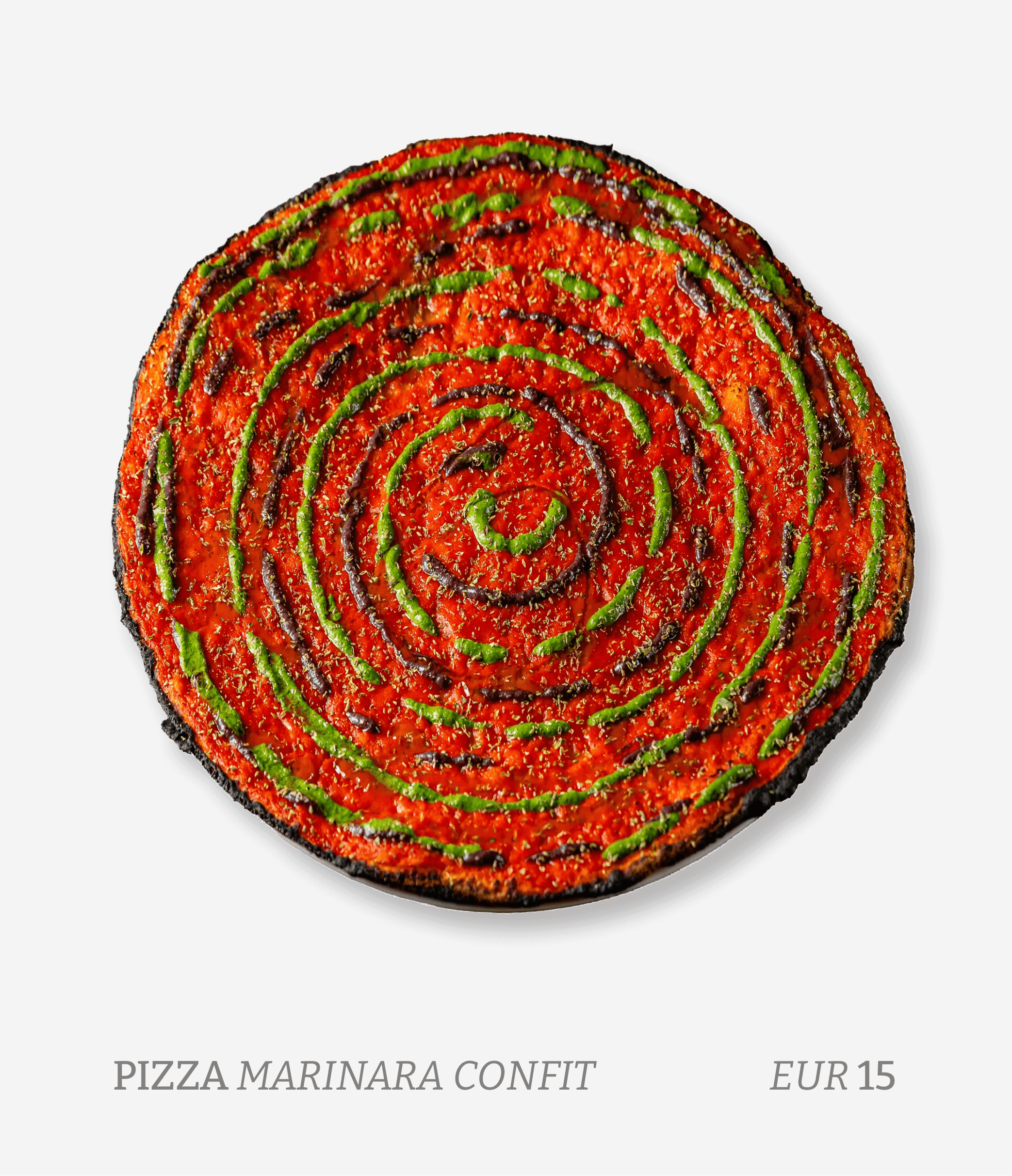 A circular pizza called Pizza Marinara Confit topped with red sauce, green herbs, and black drizzles, priced at 15 euros.