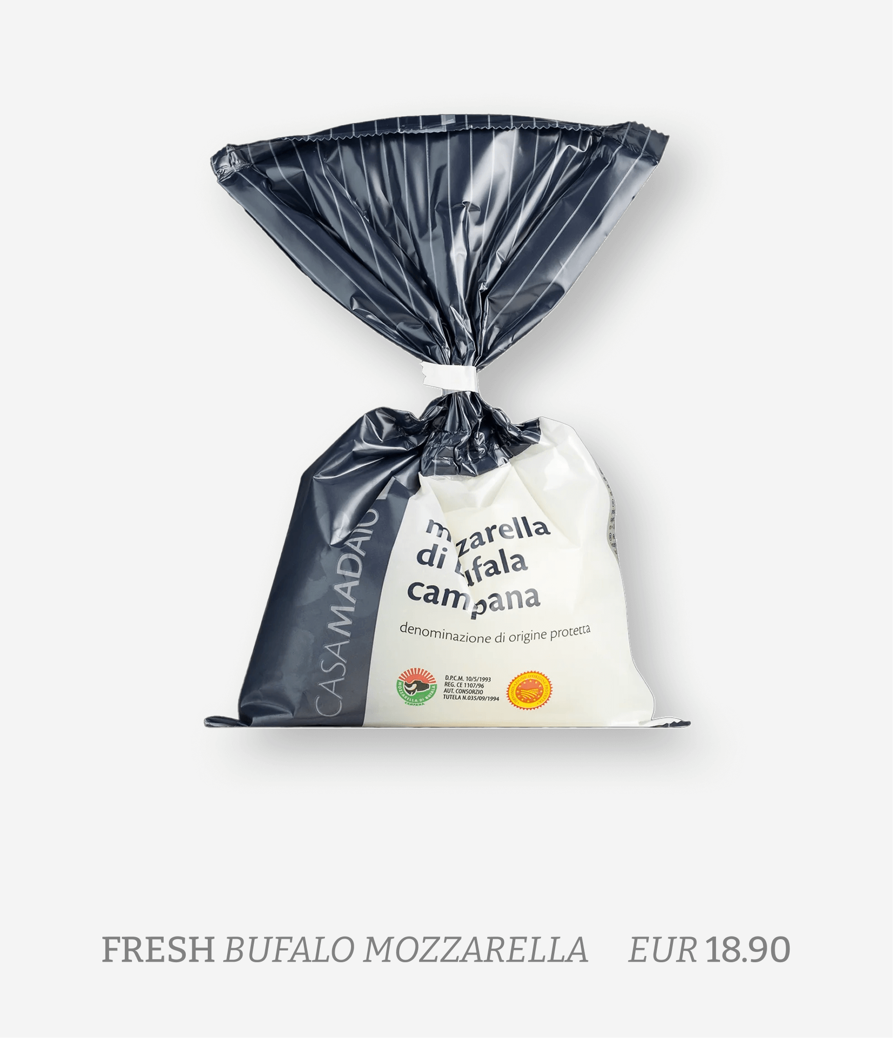 A package of fresh Buffalo mozzarella cheese in black and white packaging with Italian labels, priced at 18.90 euros.