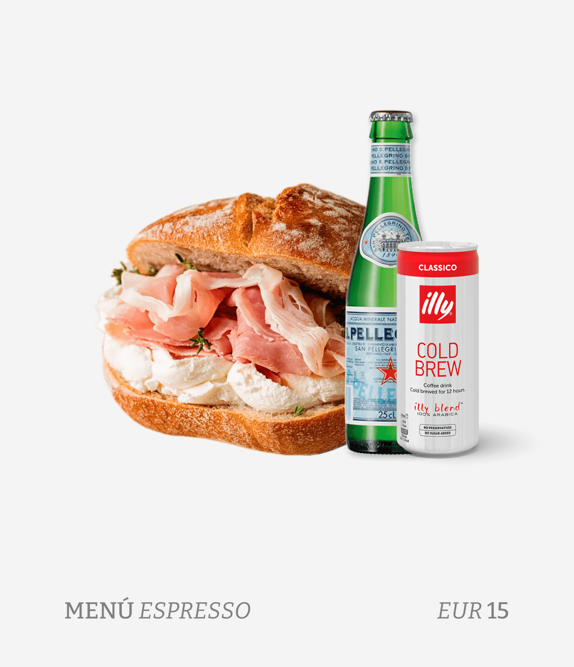 An espresso menu with a sandwich featuring ham and cheese, a bottle of sparkling water, and a can of Illy cold brew coffee, priced at 15 euros.