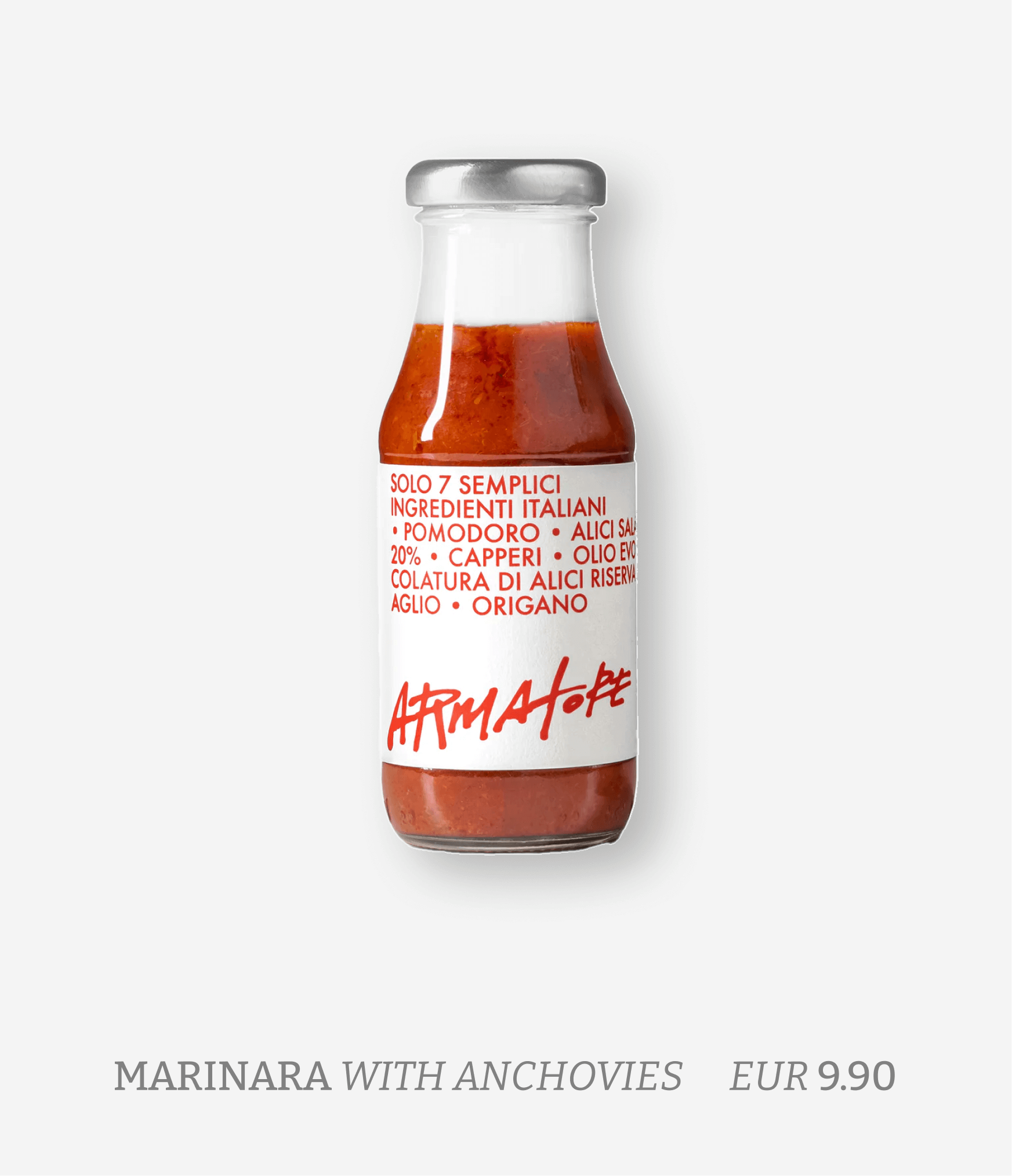 A bottle of Italian marinara sauce with anchovies on a white background