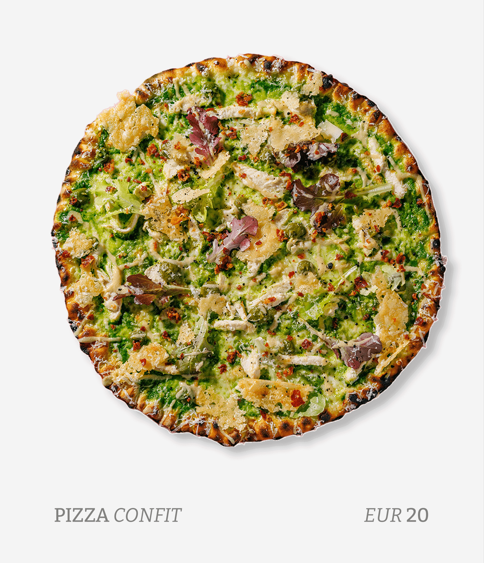 A pizza topped with cheese, greens, and crumbled toppings, on a white background with the text 'Pizza Confit EUR 20' below.