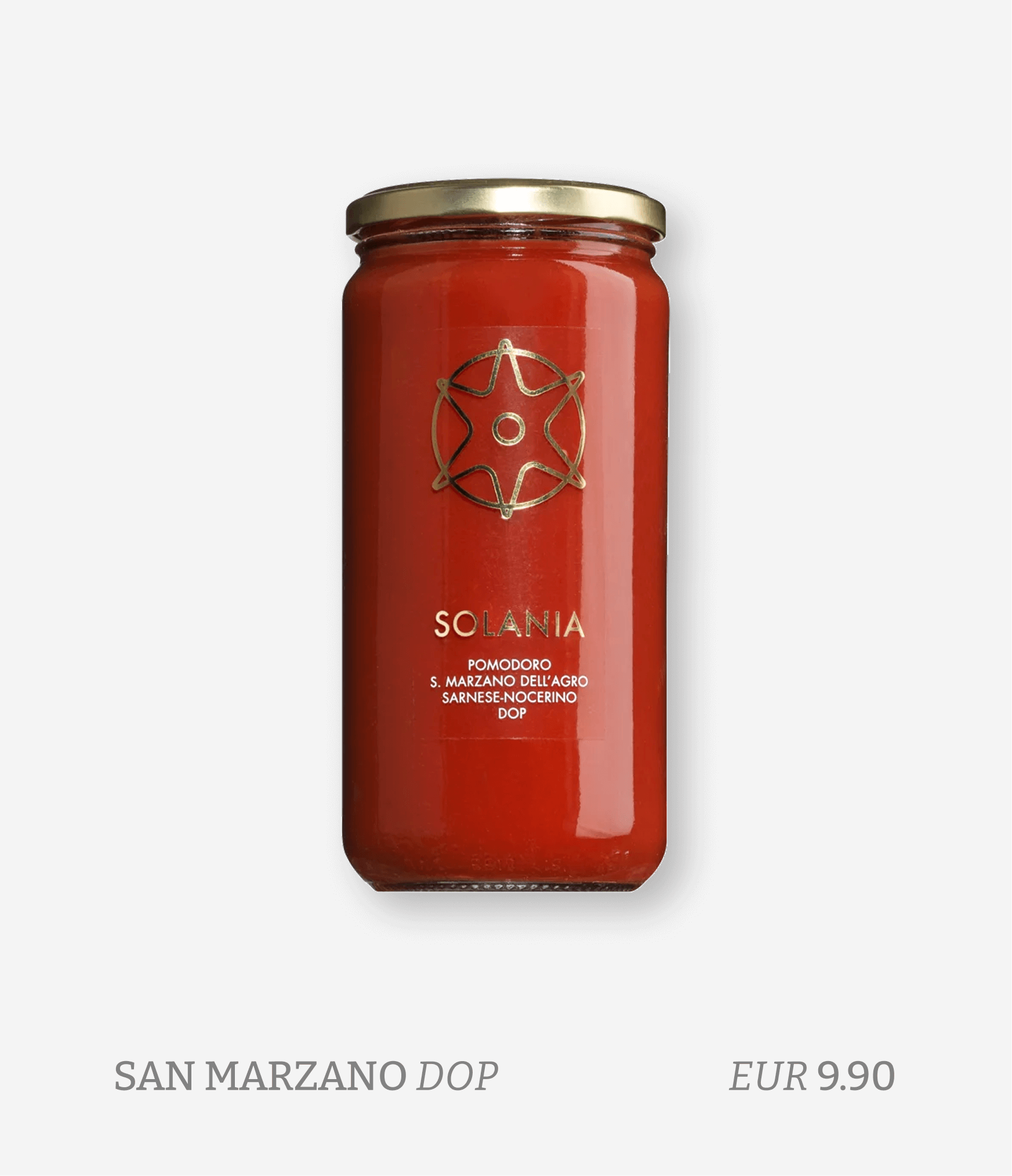 A can of Solania San Marzano DOP tomato sauce with a red label and gold-colored top, priced at EUR 9.90.