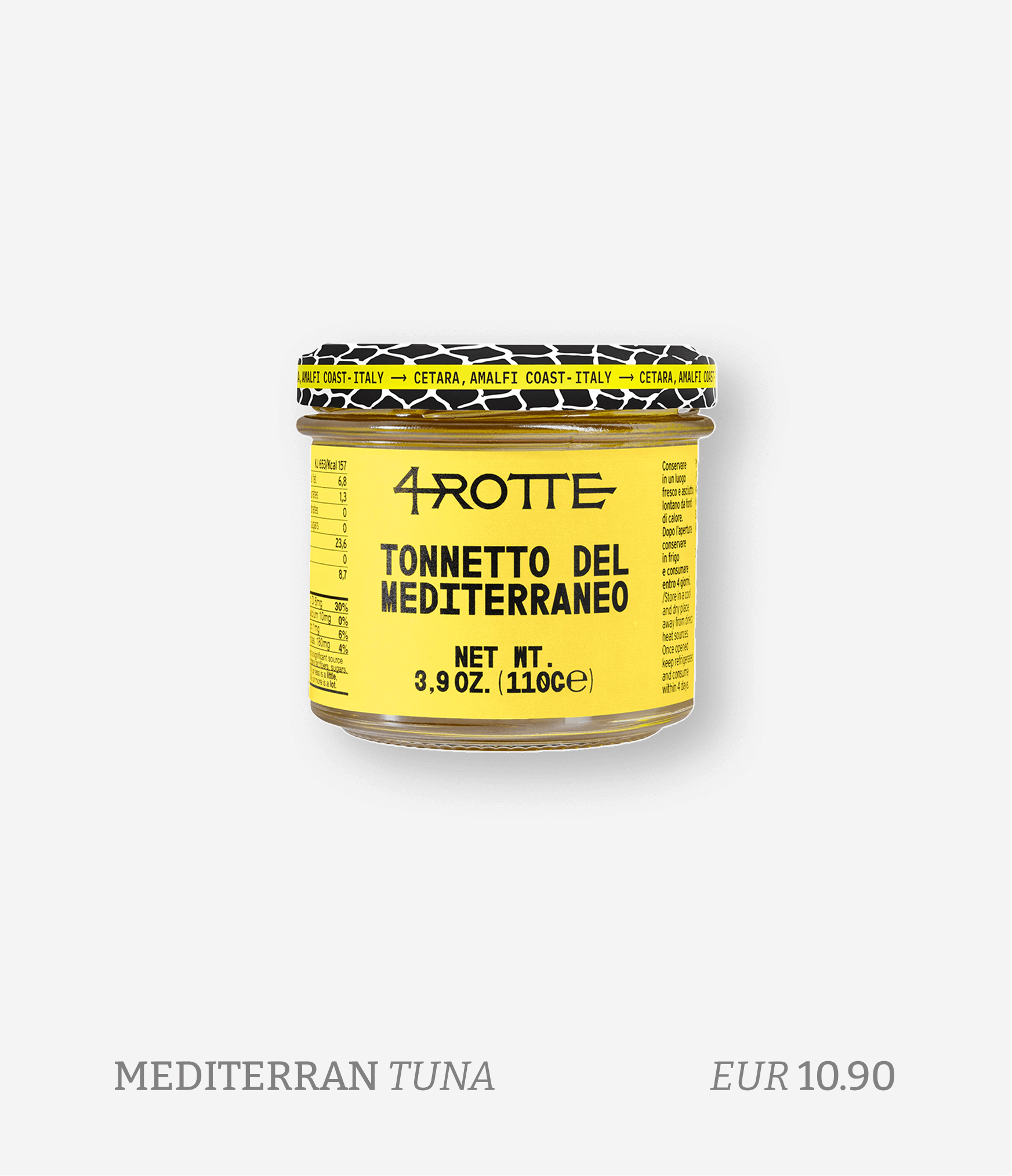 A jar of Greek-style tuna labeled 'Arotte Tonneto del Mediterraneo,' with nutritional info on the side, against a plain background; below, text reads 'Mediterranean Tuna' and the price 'EUR 10.90'.