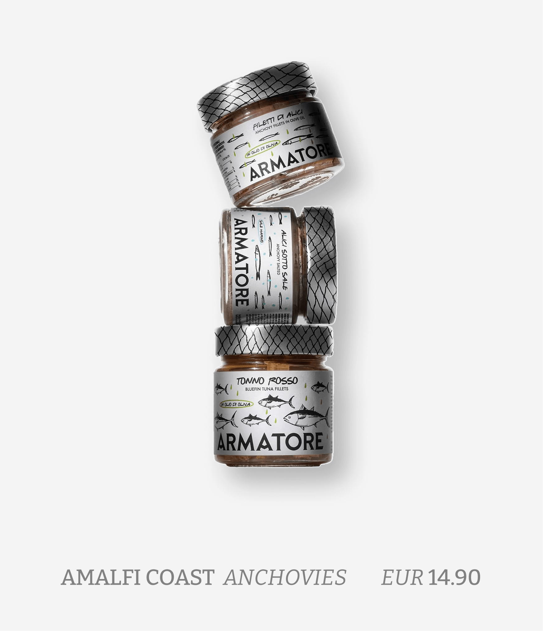 Three jars of Armatoré anchovies on a white background, with descriptions and price at the bottom.