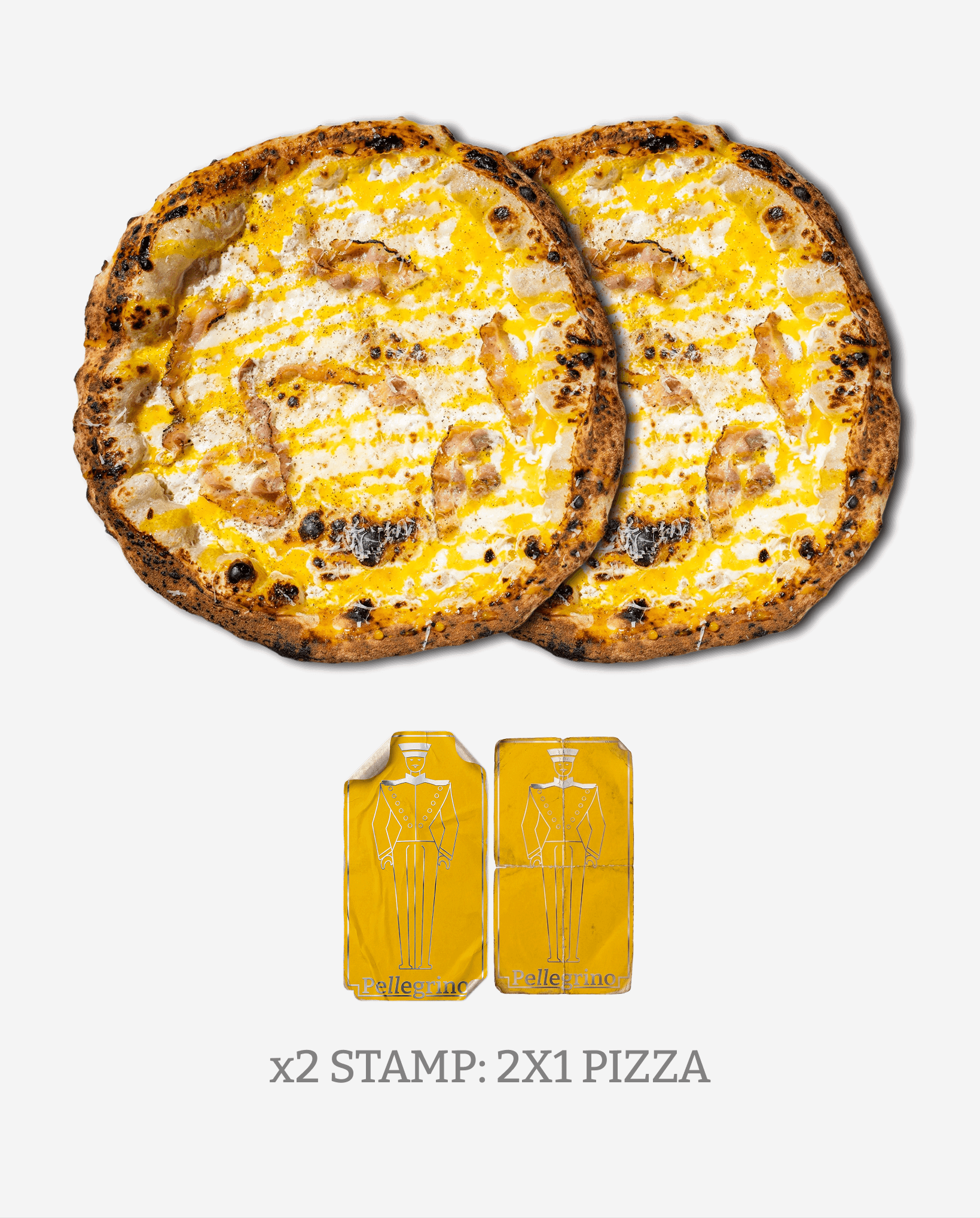 Two pepperoni and cheese pizzas with a slightly charred crust, accompanied by two yellow stamps with a cartoon soldier illustration. Text below indicates a promotion: 'x2 STAMP: 2x1 PIZZA'.