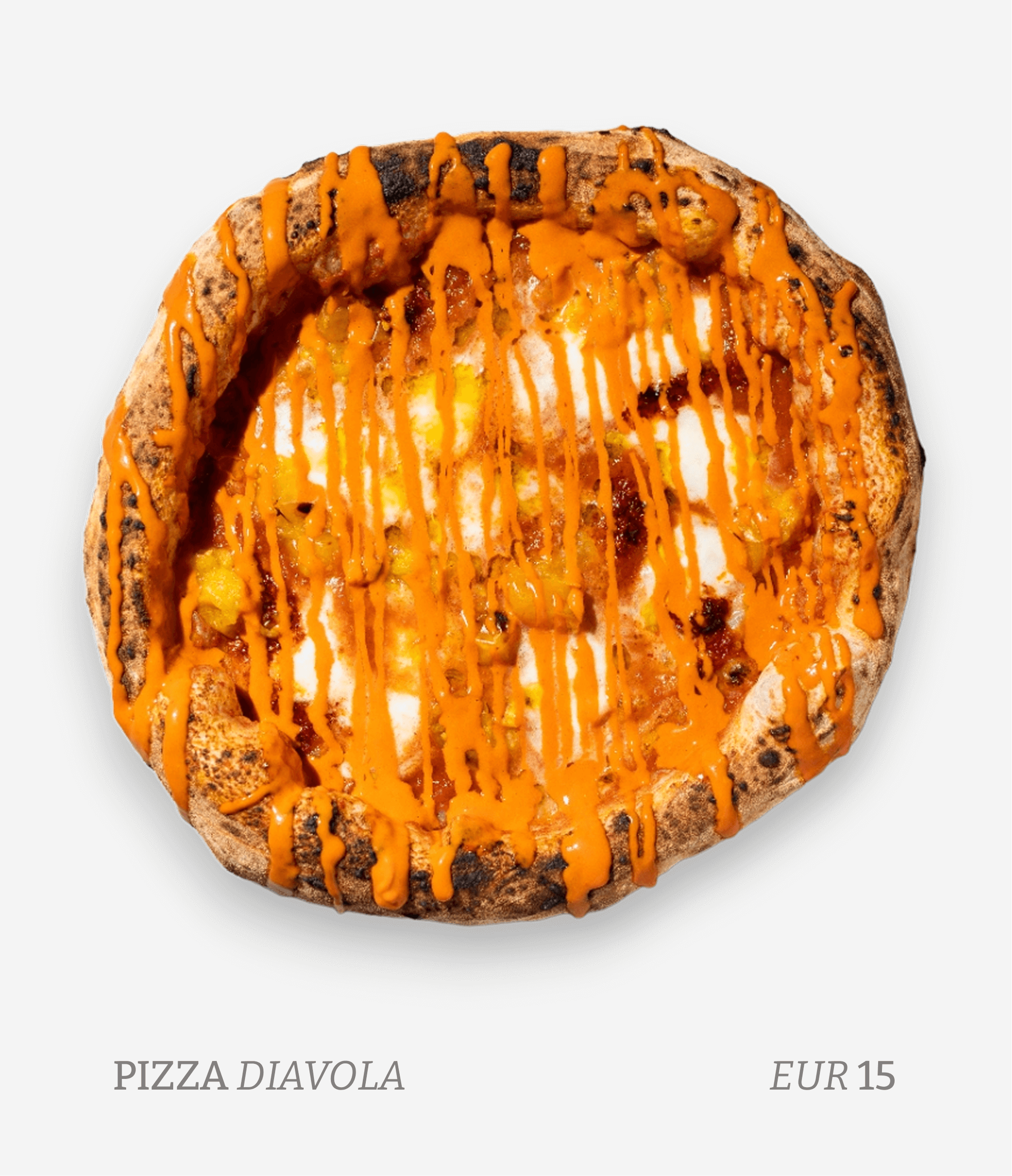 Pizza Diavola with cheese, tomato sauce, and chili sauce on a white plate. Price is EUR 15.