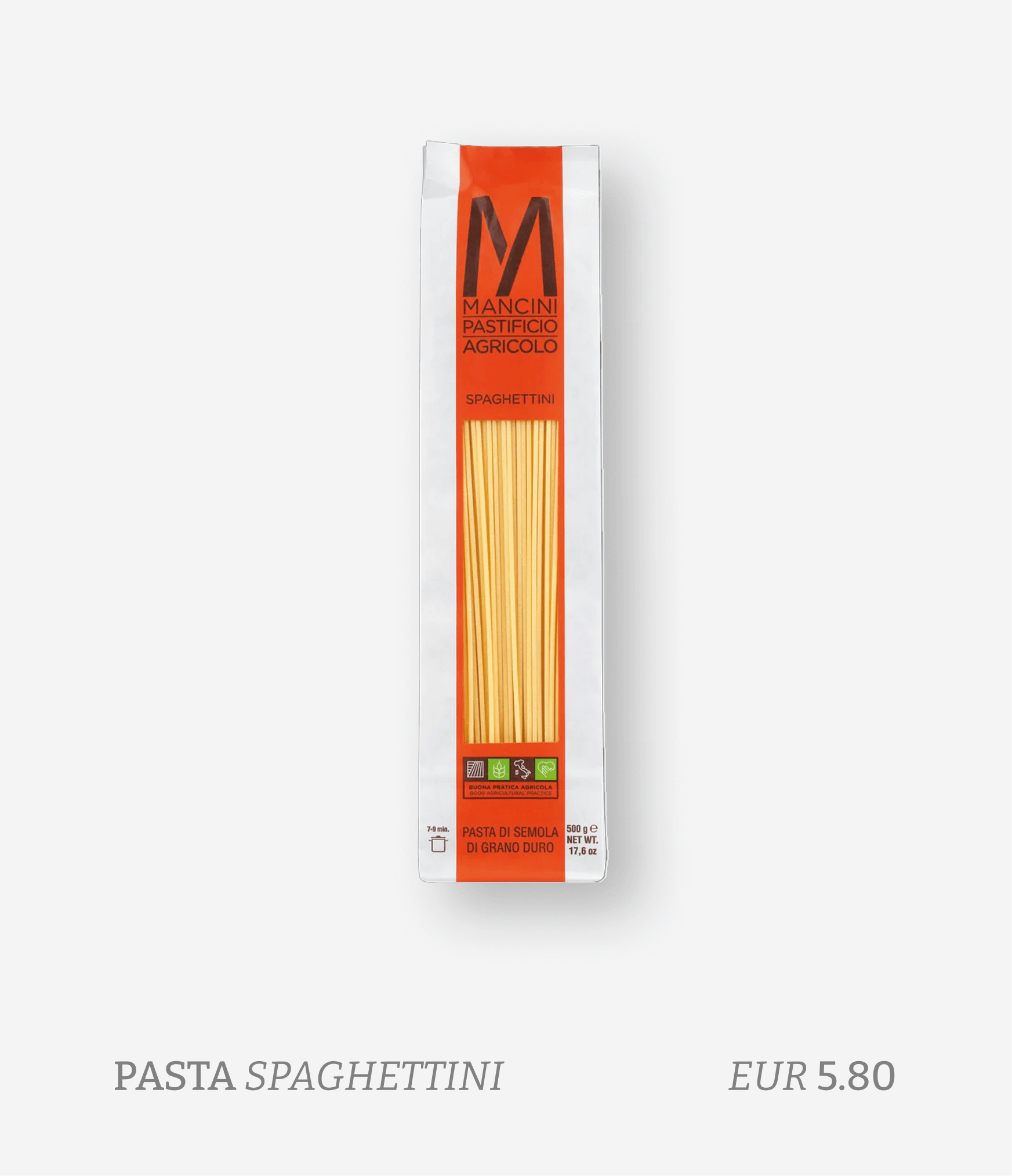 A vertical package of Mancini Pastificio Agricolo spaghetti pasta with a red and white label, showing uncooked spaghetti noodles inside. Text on the image mentions "PASTA SPAGHETTINI" and a price of EUR 5.80.