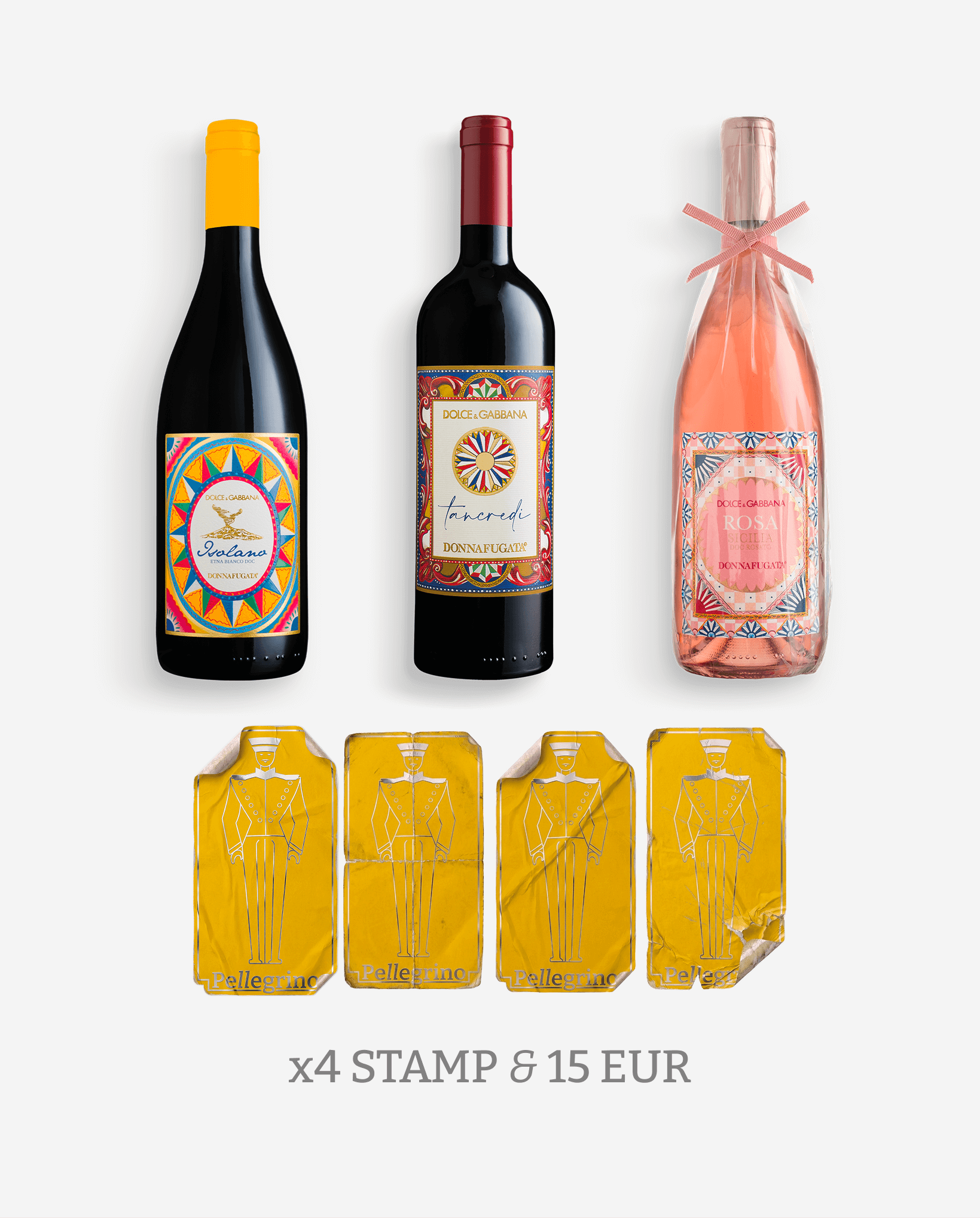 Three bottles of Italian wine with colorful labels and a pink sparkling wine bottle wrapped in pink tissue paper, along with four yellow stamp-shaped packages labeled 'Pellegrino,' and text indicating 'x4 STAMP & 15 EUR'.
