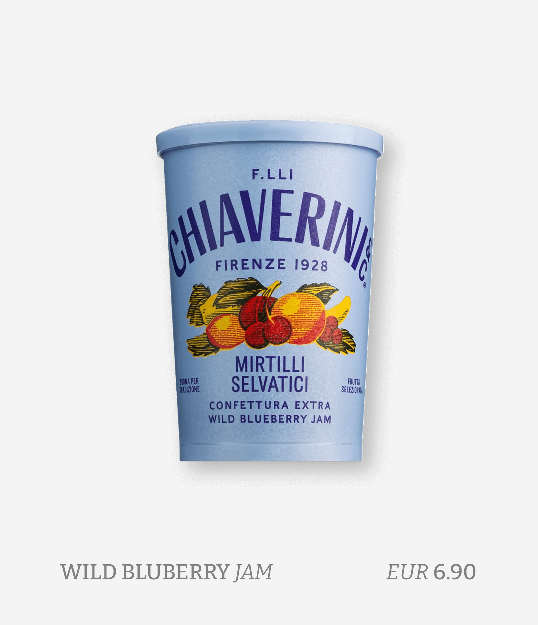 Blue container labeled 'Chia Vetrina,' with an illustration of wild blueberries and other berries, indicating it is wild blueberry jam, priced at 6.90 euros.