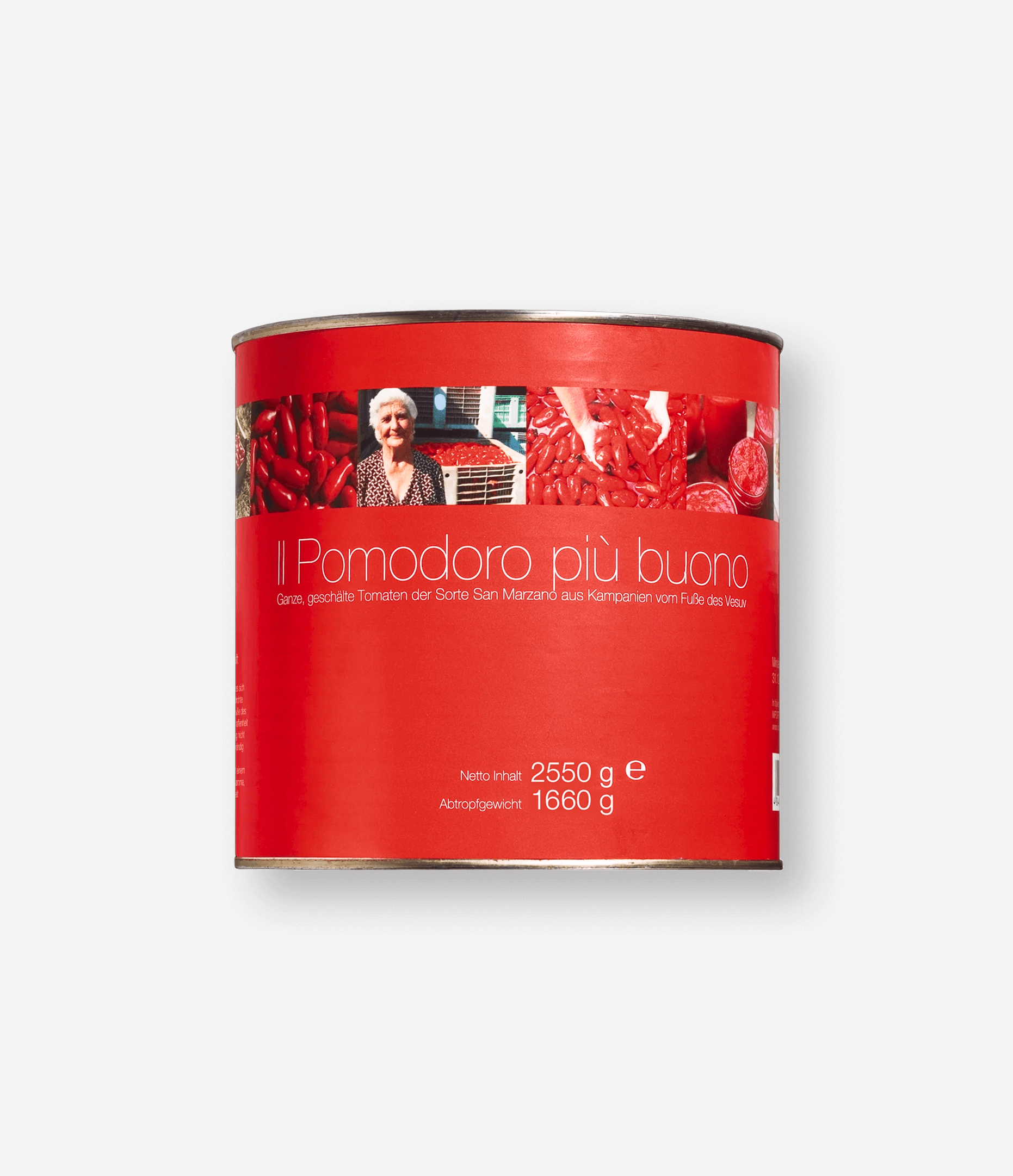 Red can of whole San Marzano tomatoes with a label featuring a photo of a woman and images of tomatoes.