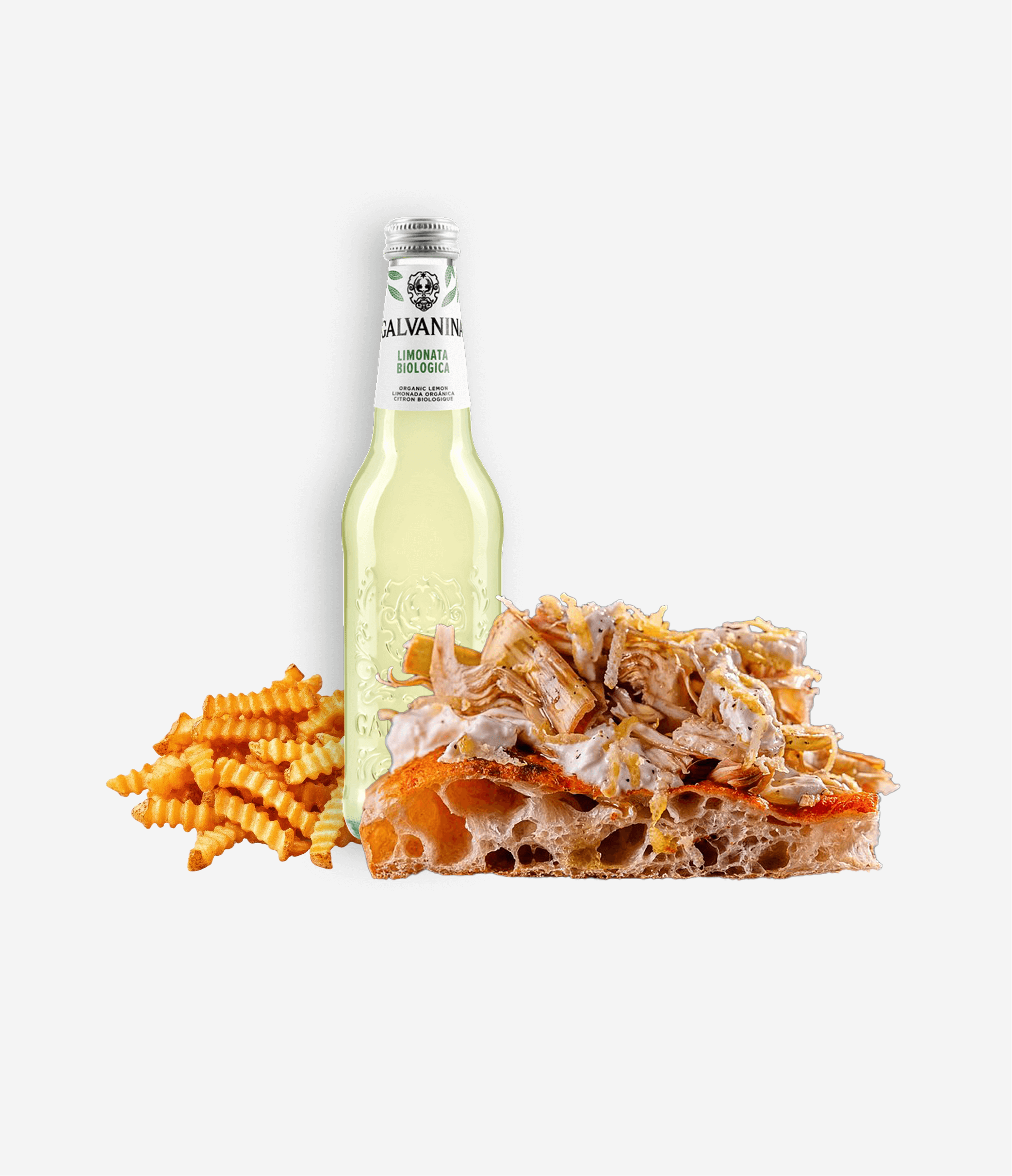 A bottle of organic lemon-flavored sparkling water, a serving of cheesy focaccia bread topped with shredded chicken and white sauce, and a small pile of crinkle-cut fries.