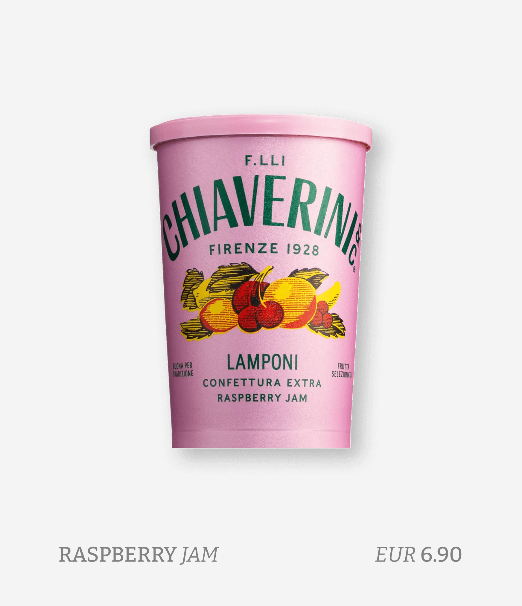 Pink container of Chaverini raspberry jam with illustrated fruit image, placed on a white background with text indicating its flavor and price.