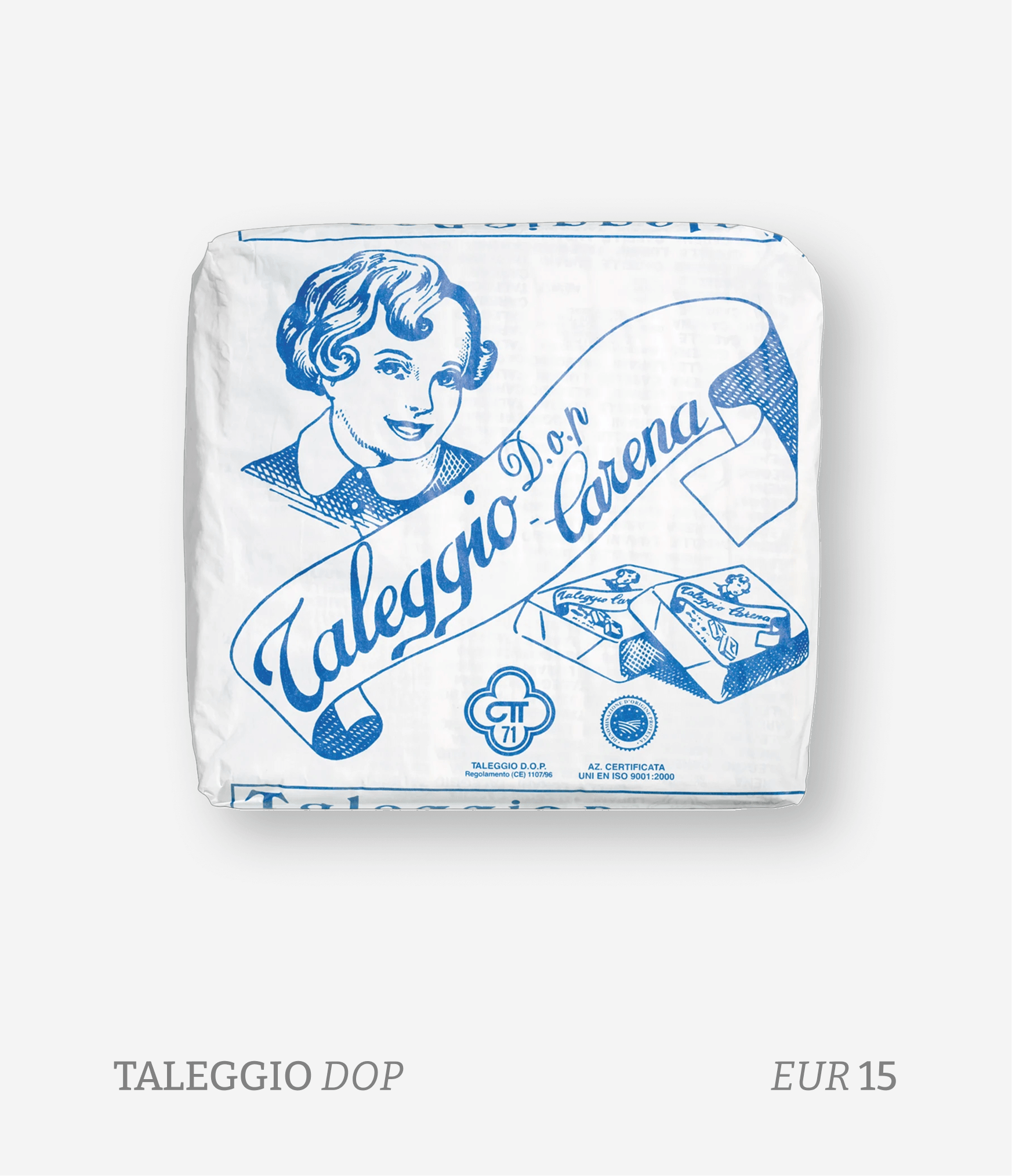 A package of Taleggio D.O.P Italian cheese with a vintage-style illustration of a woman and images of cheese slices on the packaging.