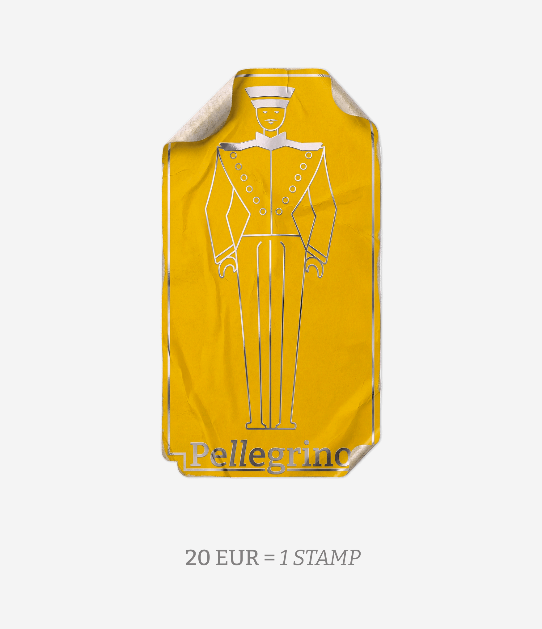 A yellow stamp with a white line drawing of a man in a military uniform, wearing a hat, with the name 'Pellegrino' at the bottom, and a note underneath indicating that 20 euros equals one stamp.