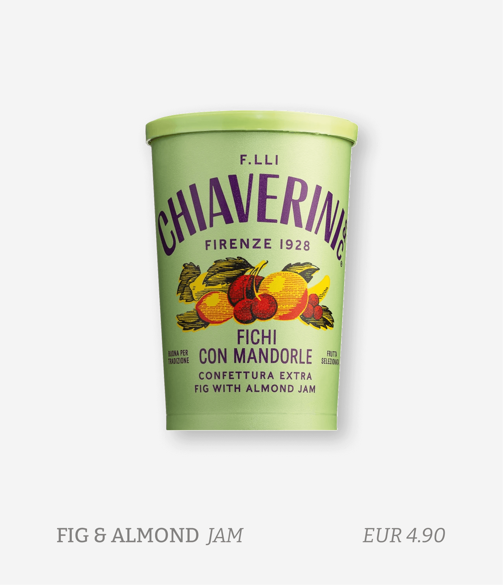 A green container of Chavieriddo fig and almond jam with an illustration of figs, cherries, and almonds on the label.