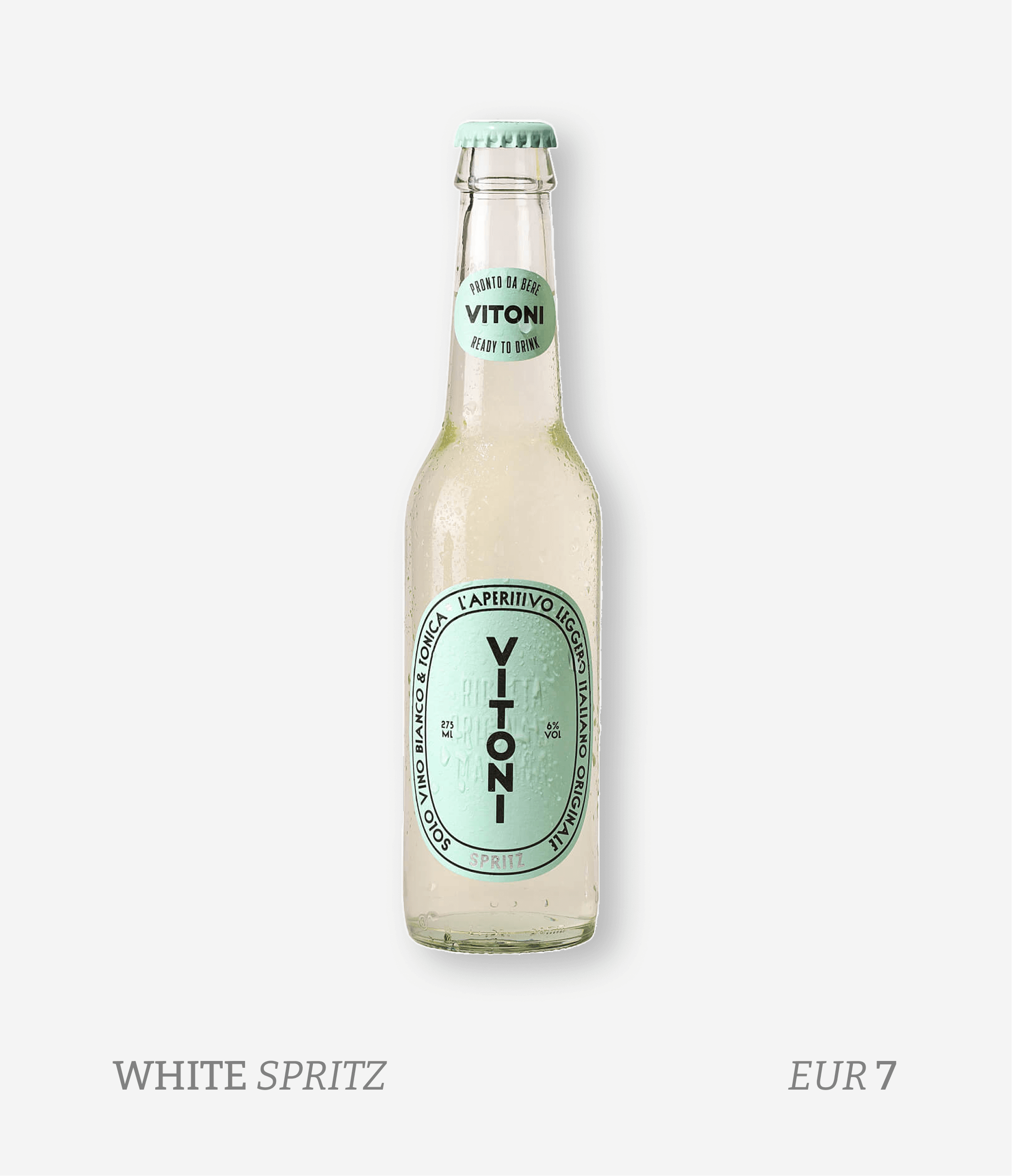 A clear glass bottle of Vitoni White Spritz with a light blue label and cap, condensation on the bottle, priced at EUR 7, shown on a white background with the label "WHITE SPRITZ EUR 7" at the bottom.