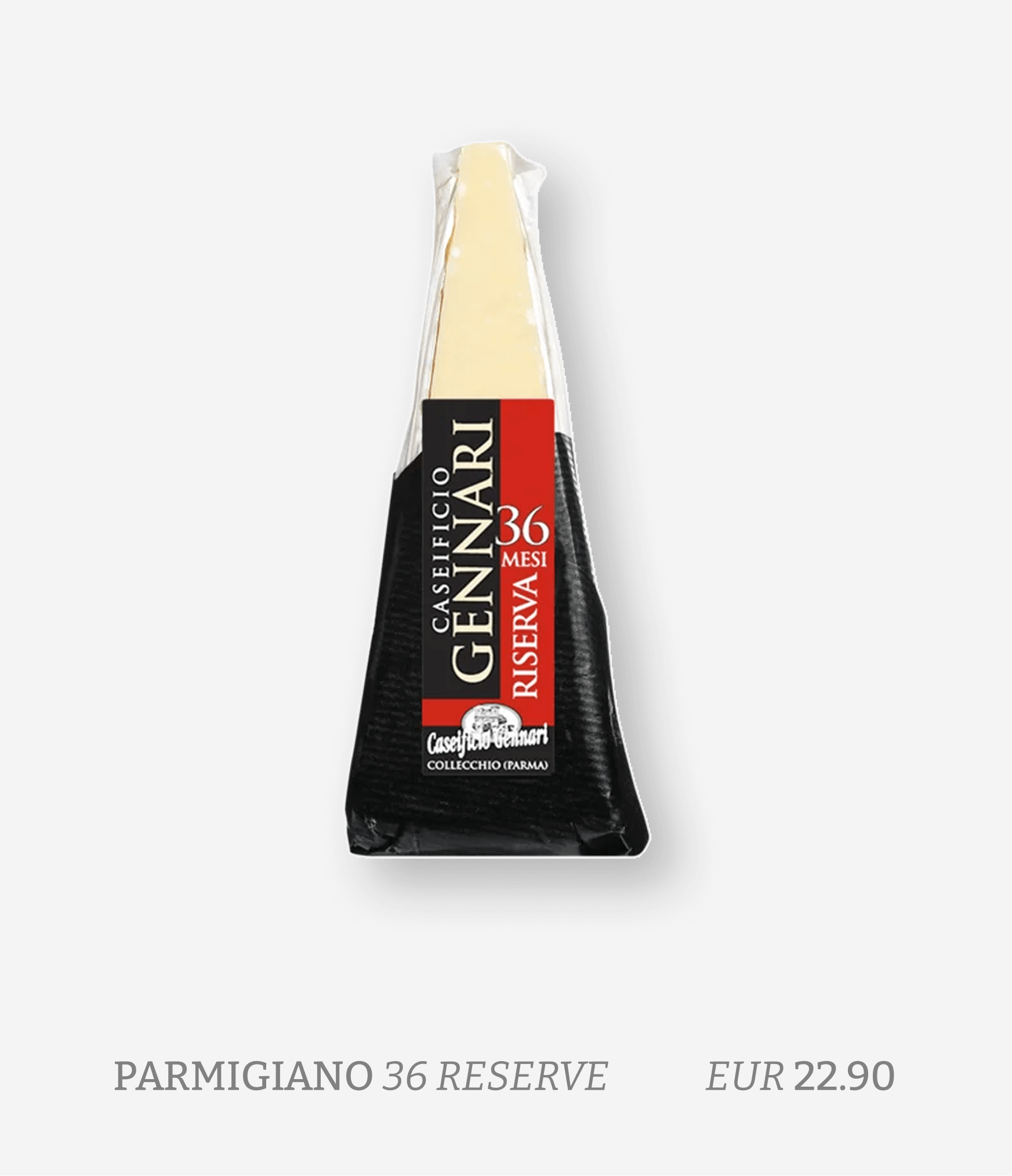 A wedge of parmigiano-reggiano cheese in black and red packaging with label marking 36 months reserve, priced at 22.90 euros.