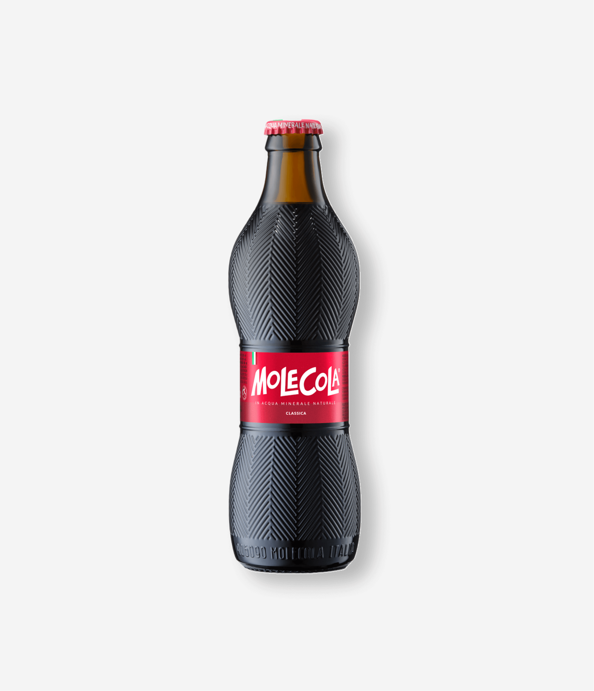 A black glass bottle of Molecola with a red label and red bottle cap, featuring textured geometric patterns.