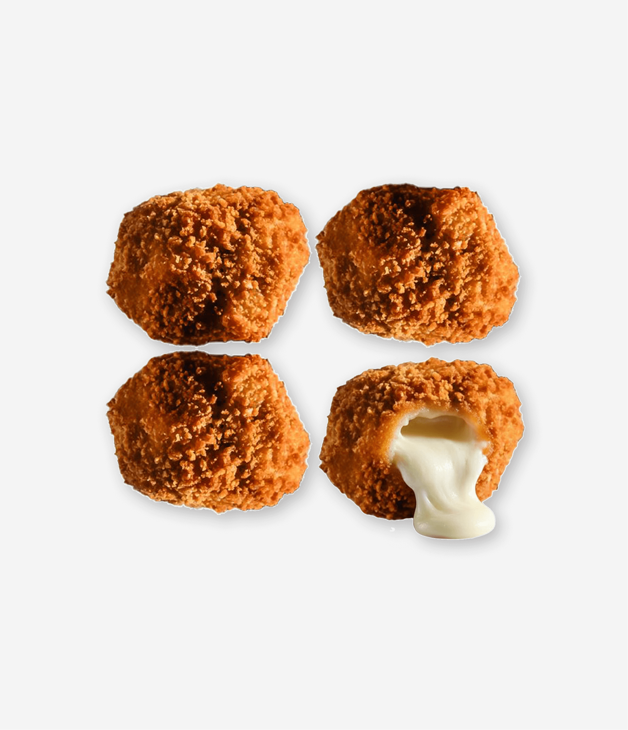 Four golden-brown fried cheese balls, one of which is cut open, revealing melted cheese inside, on a white background.