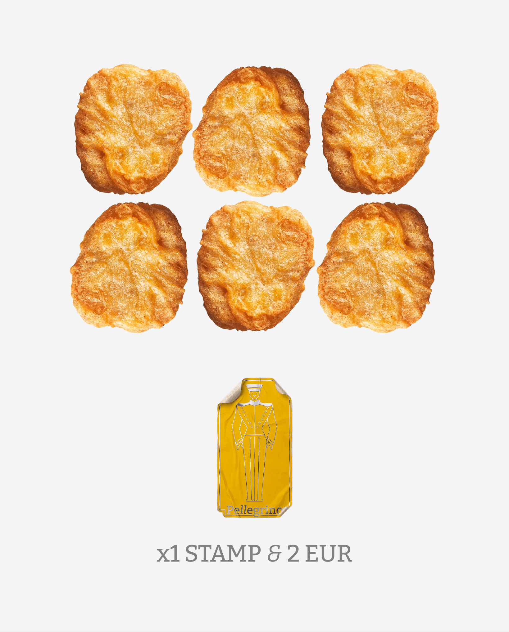 Six breaded chicken nuggets arranged in two rows of three against a white background, with a yellow stamp featuring a stylized figure in a coat and hat, and text indicating one stamp costs two euros.