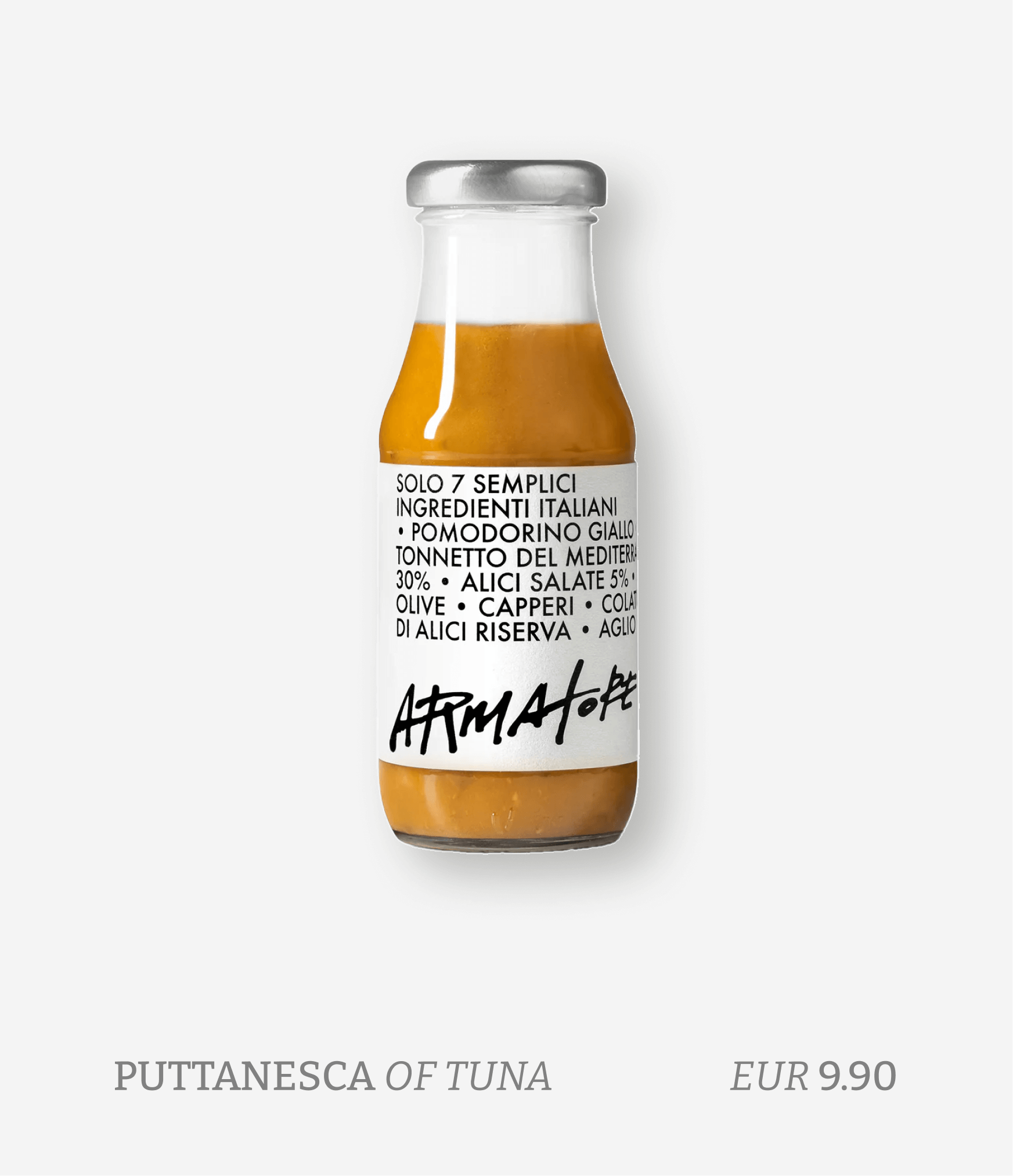 A small glass bottle with a label containing Italian text, likely containing tuna or fish-based sauce or paste, placed on a white background, with a description stating "PUTTANESCA OF TUNA" and priced at EUR 9.90.