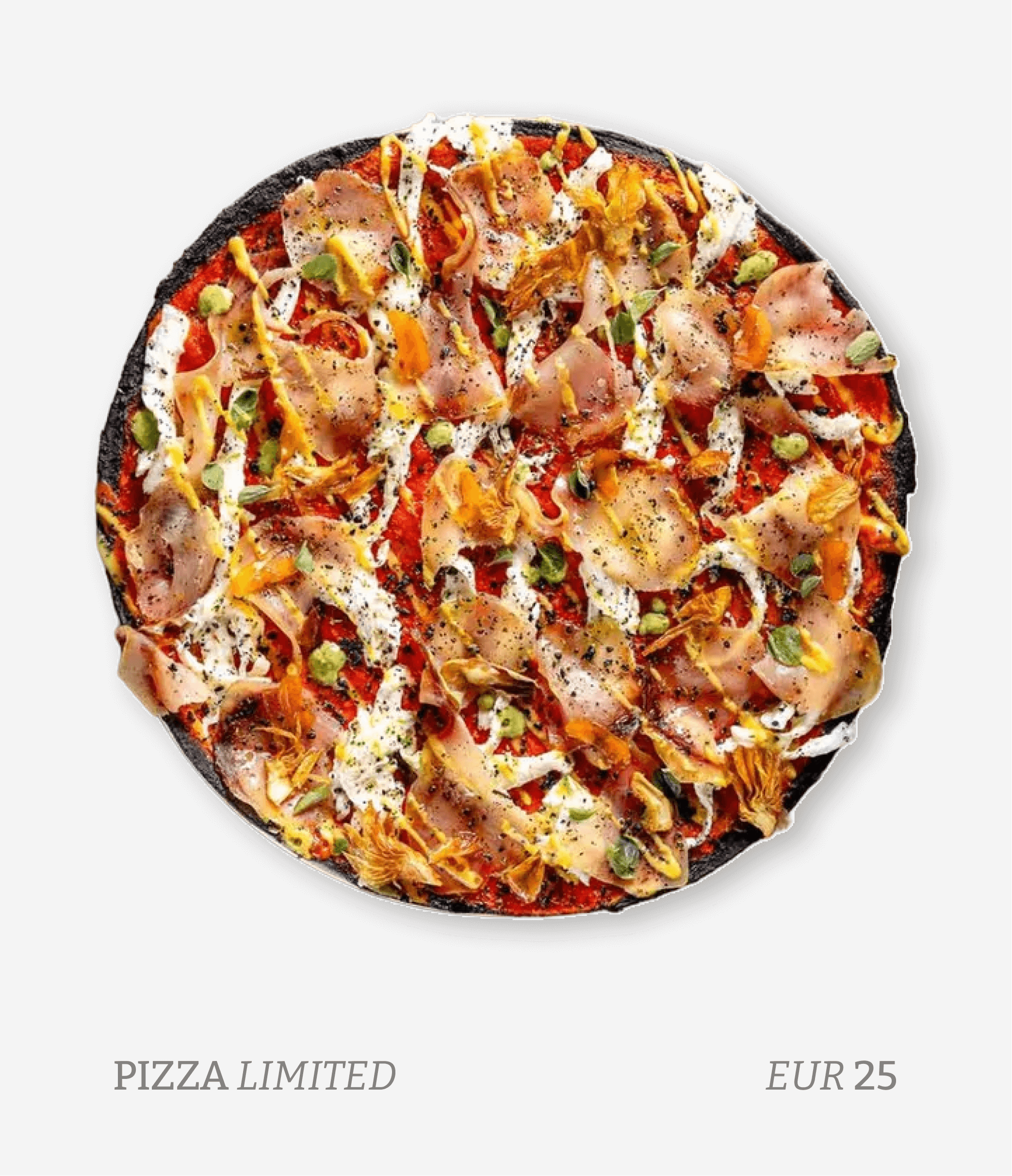 Top view of a pizza with cheese, ham, chicken, vegetables, and drizzle toppings, on a black round crust