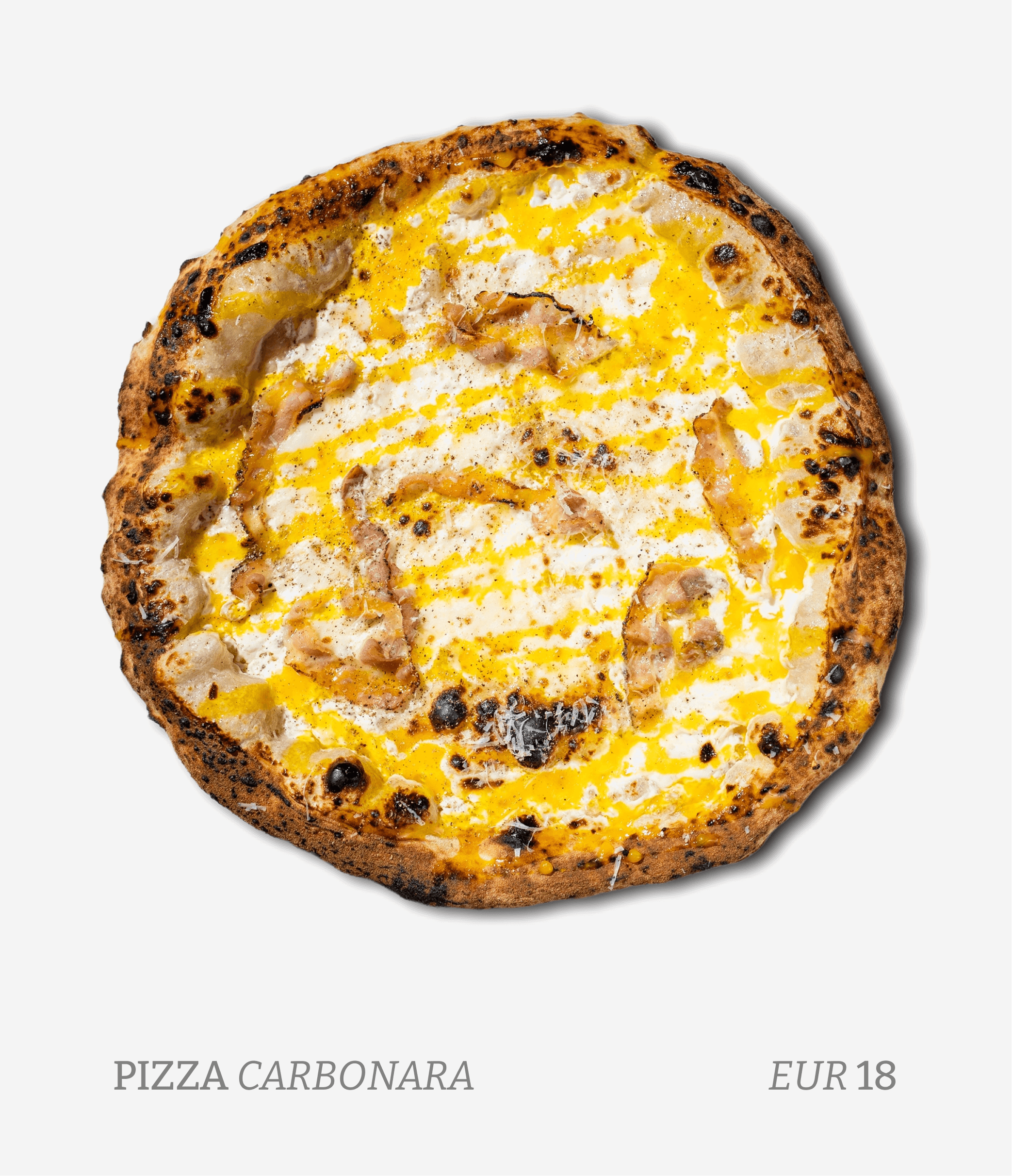 A pizza with a crispy crust, topped with cheese, some meat, and yellow sauce, labeled as Pizza Carbonara priced at 18 euros.