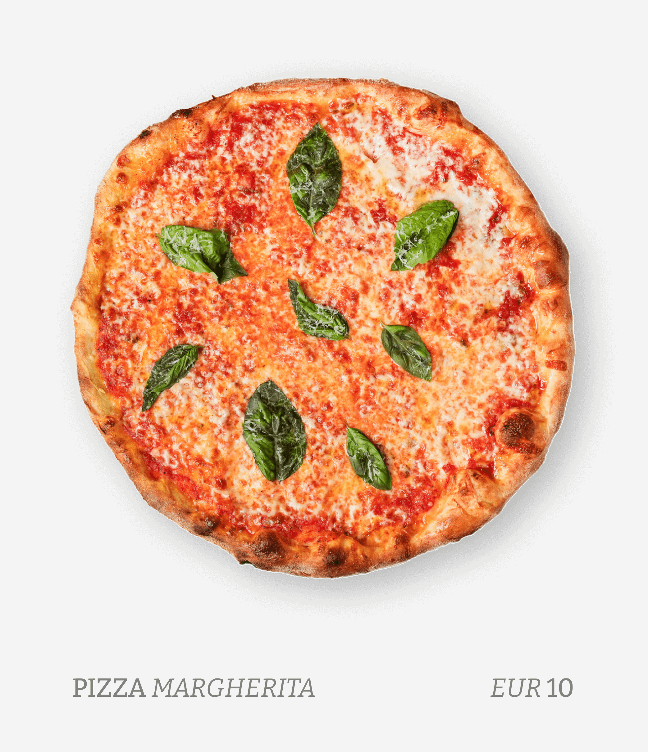 A Margherita pizza with tomato sauce, cheese, and fresh basil leaves on top, placed on a white background with text indicating the name and price.