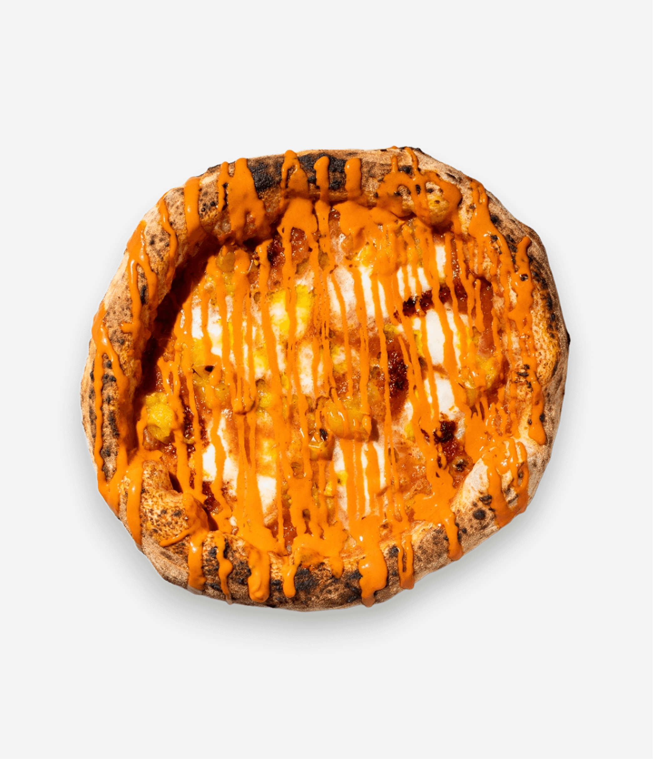 Pizza with cheese, spicy sauce, and toppings, drizzled with orange sauce.